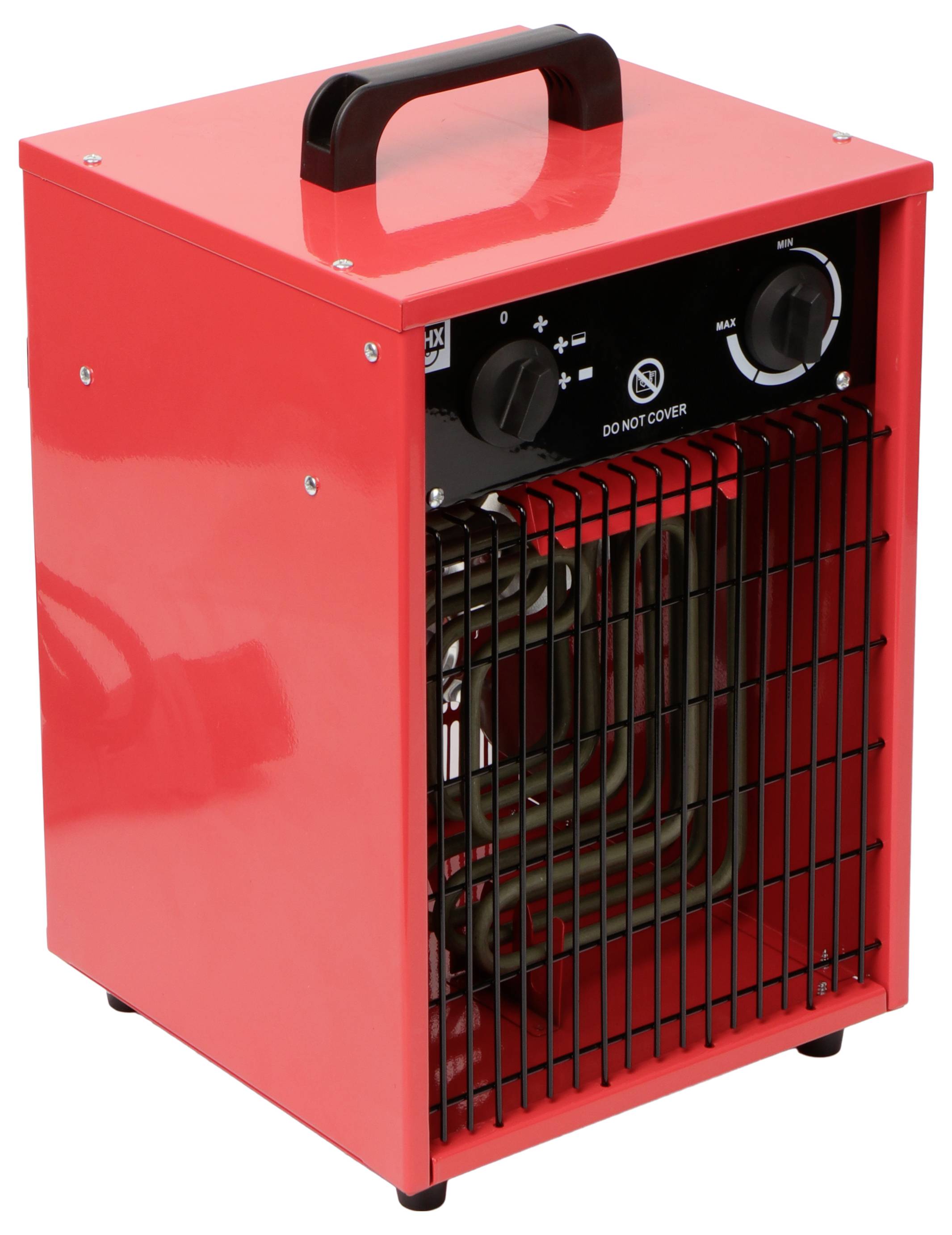 Ein roter elektrischer Raumheizer mit einem Griff oben. Das Bedienfeld zeigt einen Leistungsregler, Temperatureinstellungen und den Text 