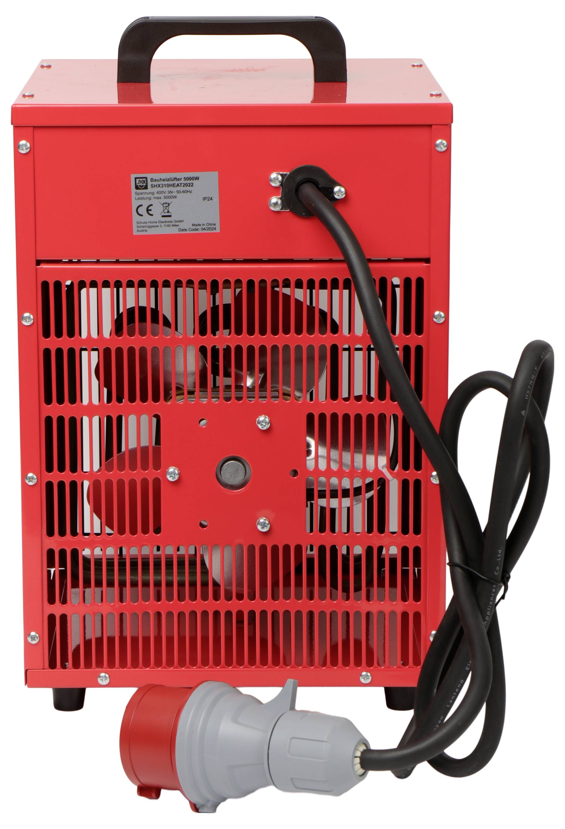 Roter tragbarer elektrischer Heizlüfter mit einem schwarzen Griff, Netzkabel und Stecker. Verfügt über eine belüftete Frontseite für Luftzirkulation und ein Sicherheitszertifikatsetikett.