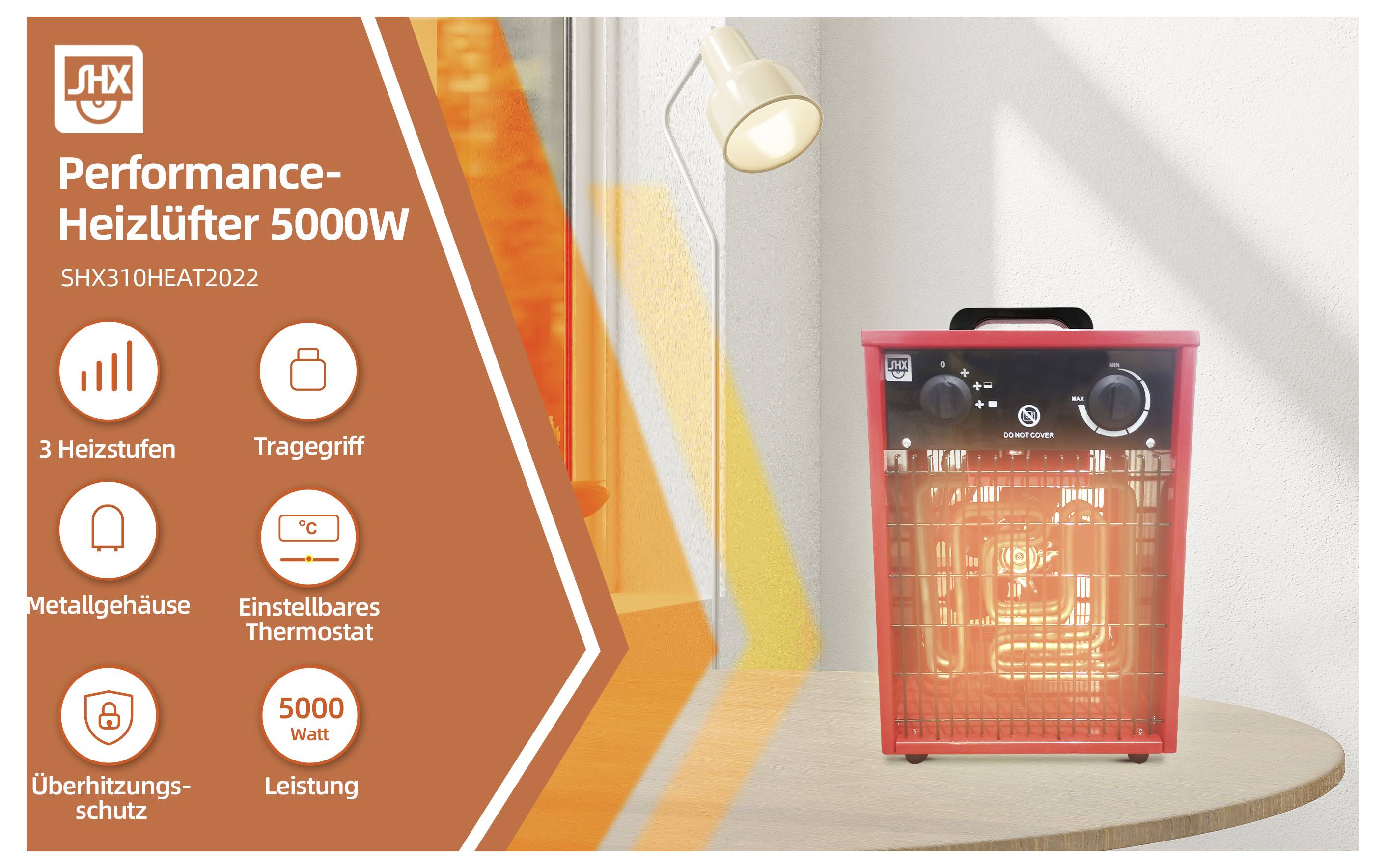 Tragbarer Heizlüfter mit rotem Gehäuse, glühenden Heizelementen und Bedienfeld. Enthält Text 'Performance-Heizlüfter 5000W' und wichtige Merkmale.