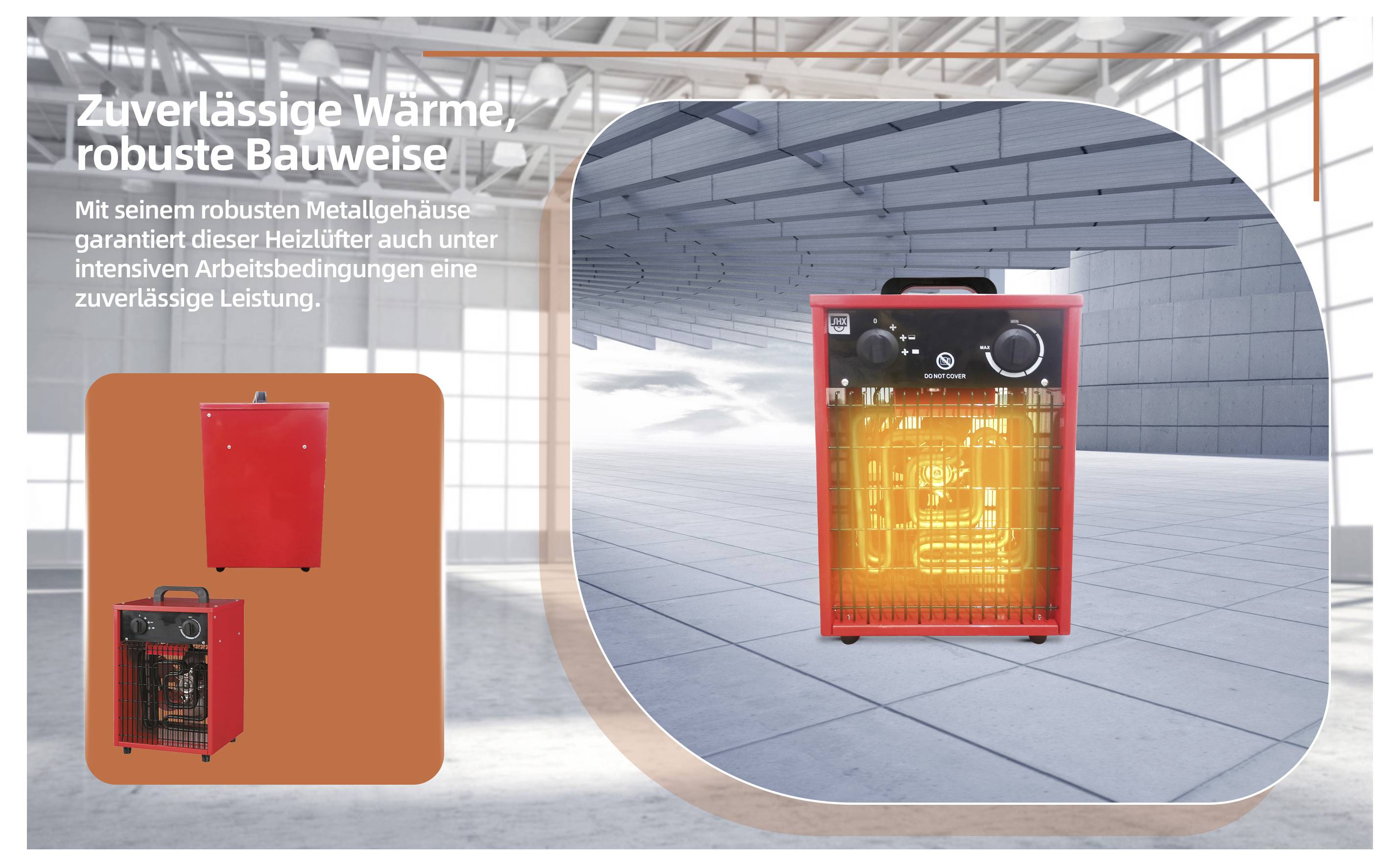 Roter industrieller Heizungskörper mit glühenden Elementen, positioniert in einem industriellen Raum. Texthervorhebung 'Zuverlässige Wärme, robuste Bauweise'.