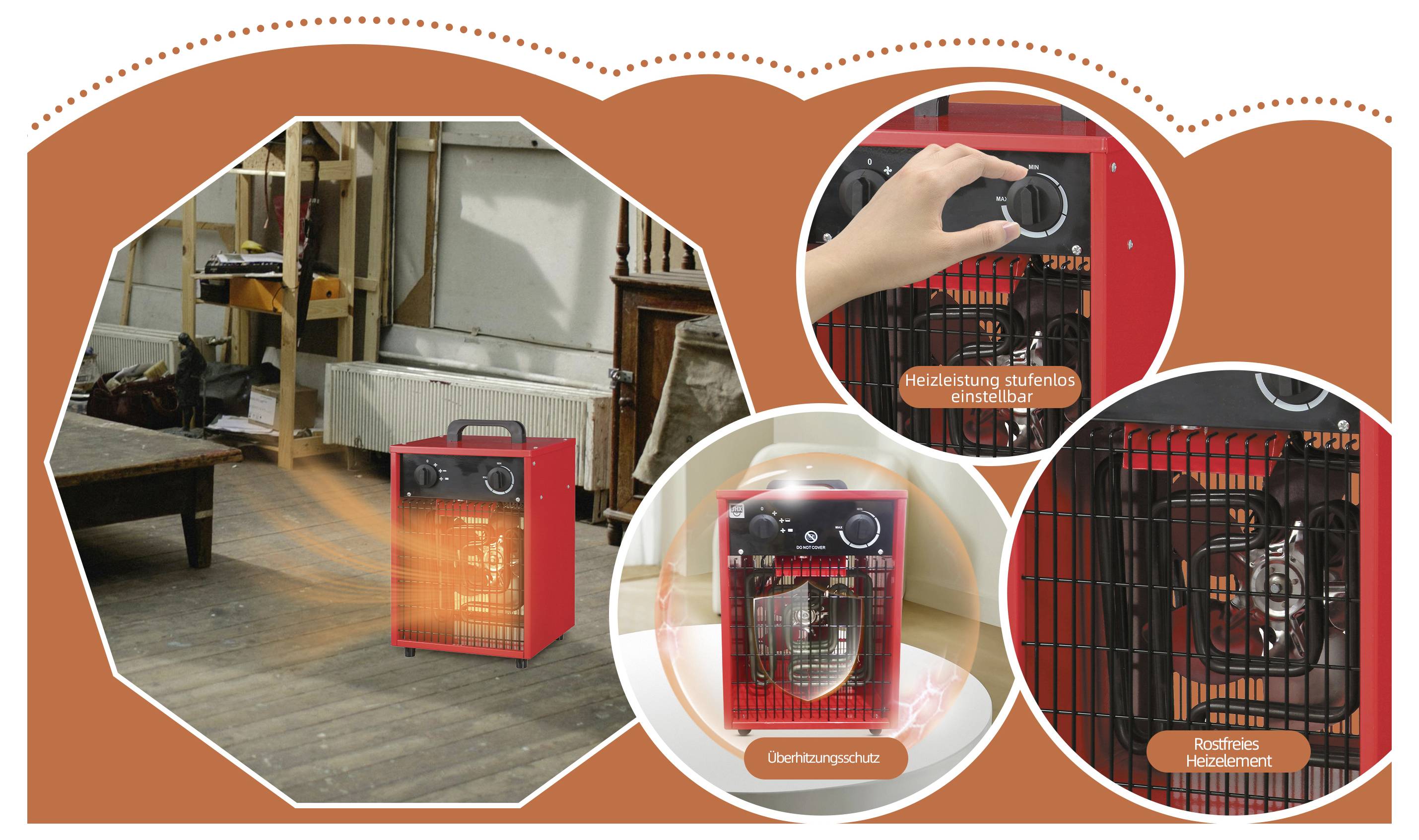 Ein roter tragbarer Heizlüfter in Betrieb, ausgestattet mit einstellbaren Einstellungen, Überhitzungsschutz und schneller Aufheizfunktion, in einer Werkstattumgebung platziert.