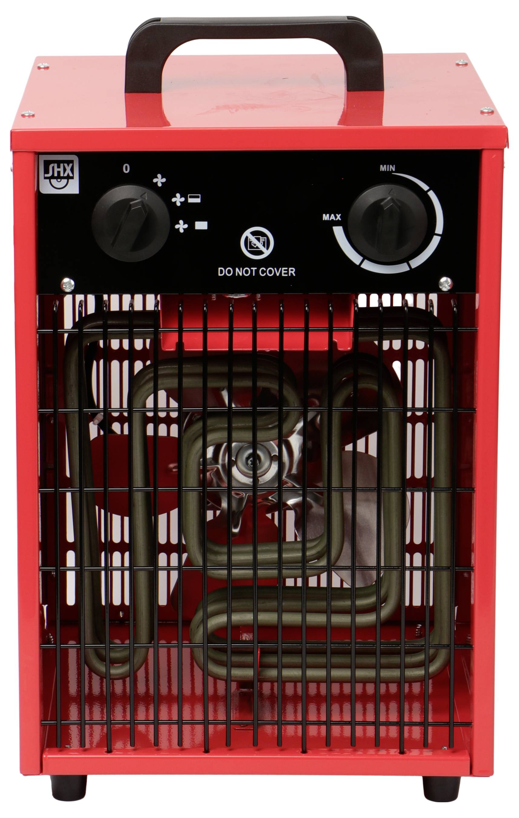 Ein roter tragbarer elektrischer Heizlüfter mit einem schwarzen Bedienfeld, das Regelknöpfe für Temperatur und Gebläsedrehzahl zeigt. Eine Sicherheitswarnung liest sich: „NICHT ABDECKEN.