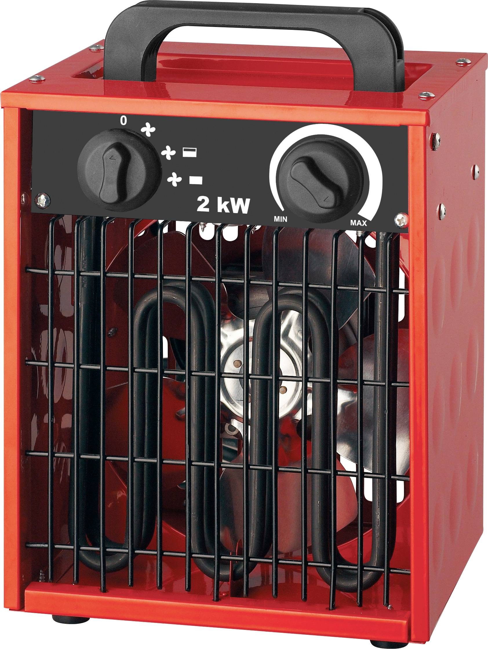 Ein roter tragbarer elektrischer Raumheizer mit schwarzem Griff, einstellbarem Temperaturregler und Netzschalter, auf dessen Vorderseite '2 kW' angezeigt wird.