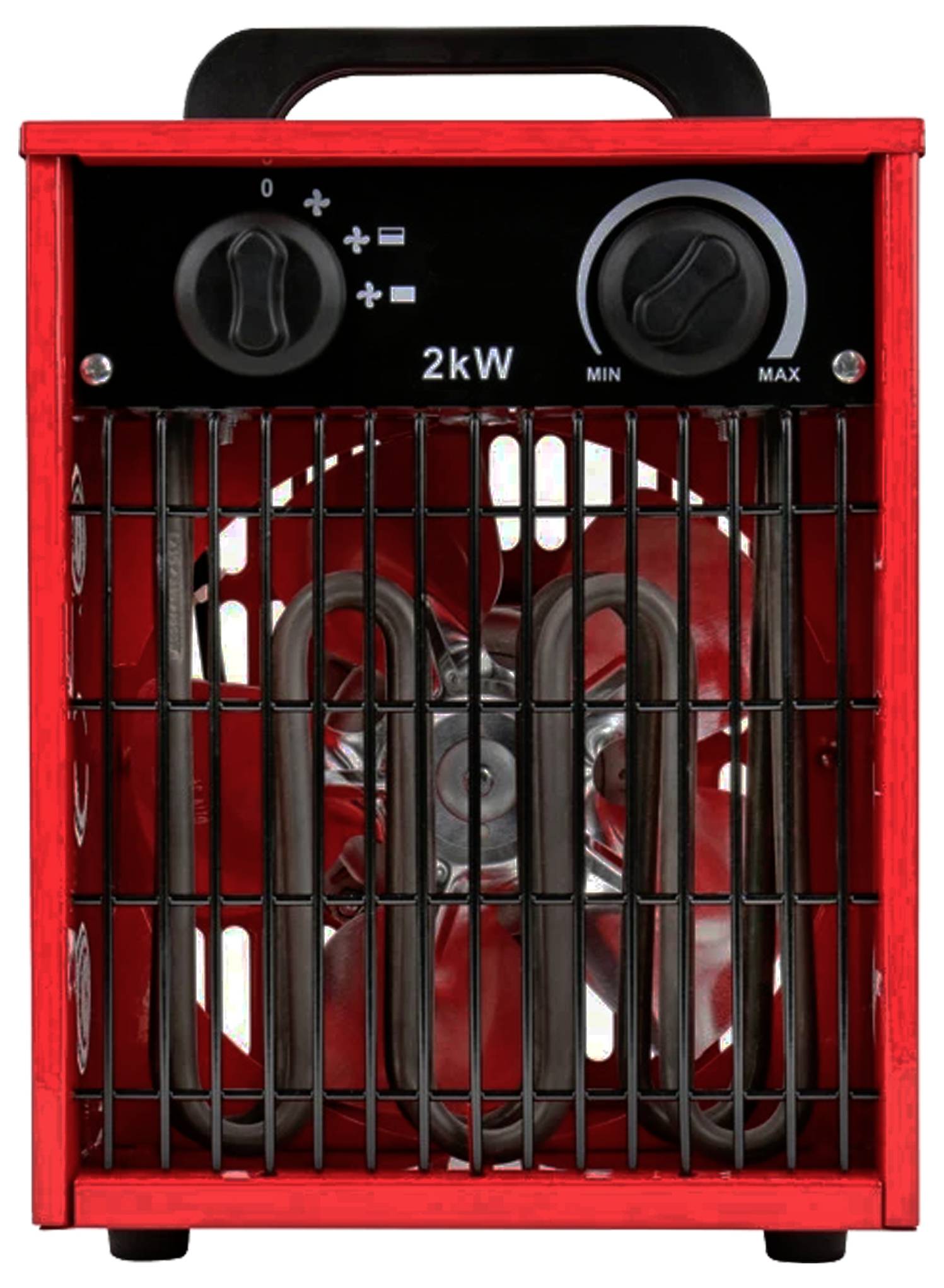 Ein roter Elektroheizer mit einem Frontgitter, zwei Reglereinstellungen, die mit „0 bis Max
