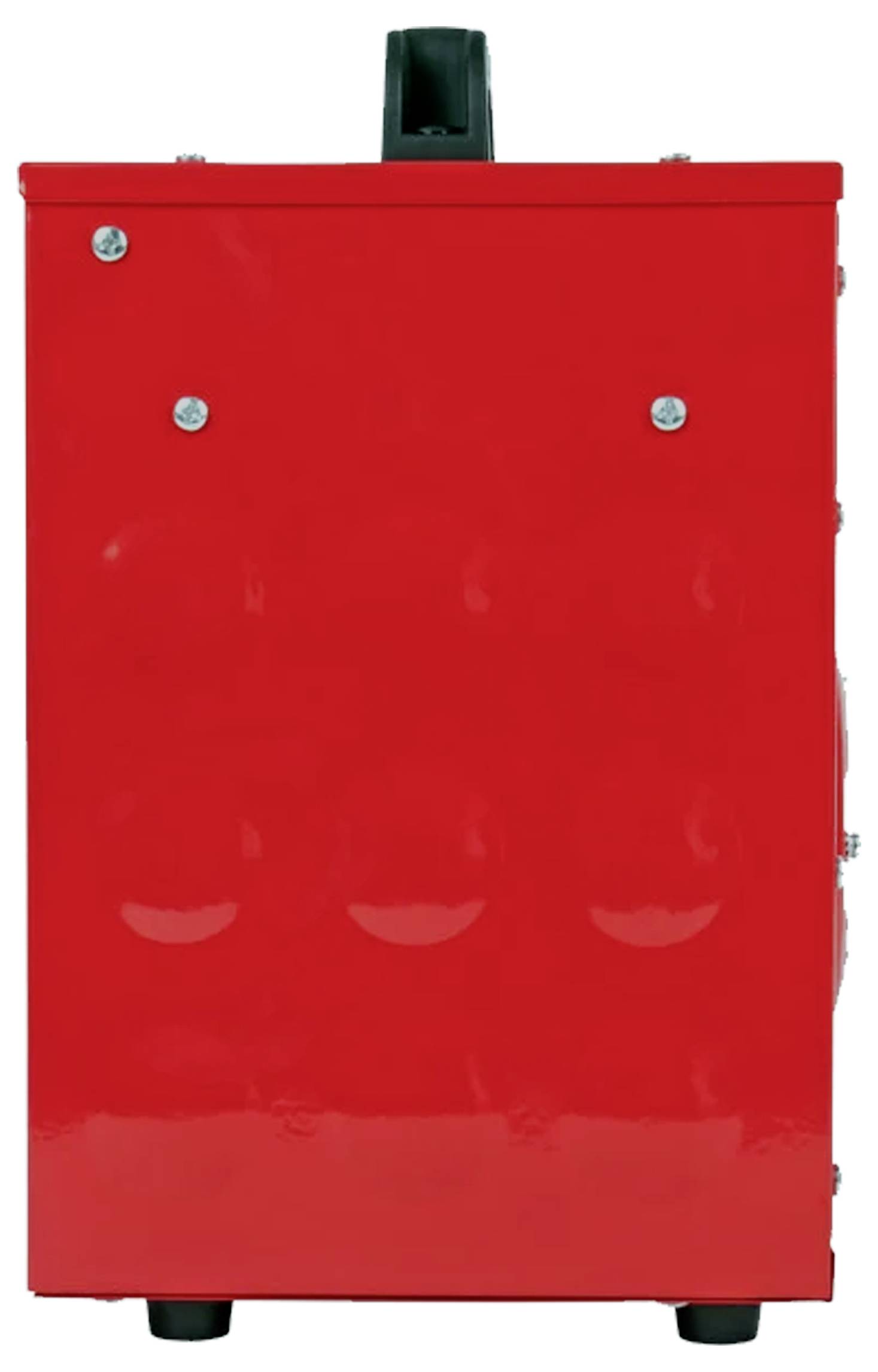 Eine rote rechteckige Metallbox mit Nieten und einem kleinen schwarzen Griff oben, die auf einem weißen Hintergrund platziert ist.