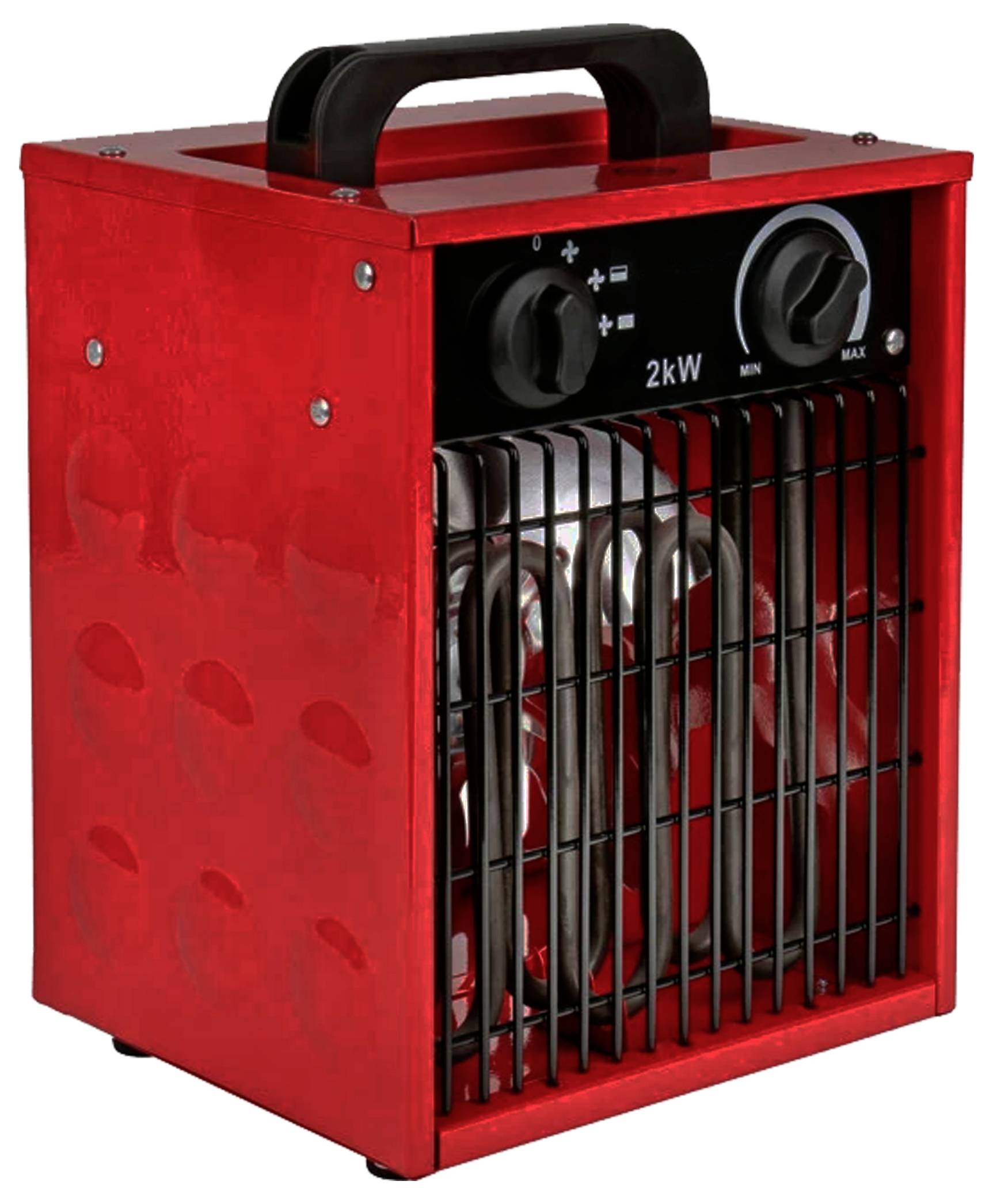 Roter tragbarer elektrischer Heizlüfter mit einem schwarzen Griff, ausgestattet mit einem Drehregler zur Temperatursteuerung und einem 2-kW-Leistungsanzeiger.