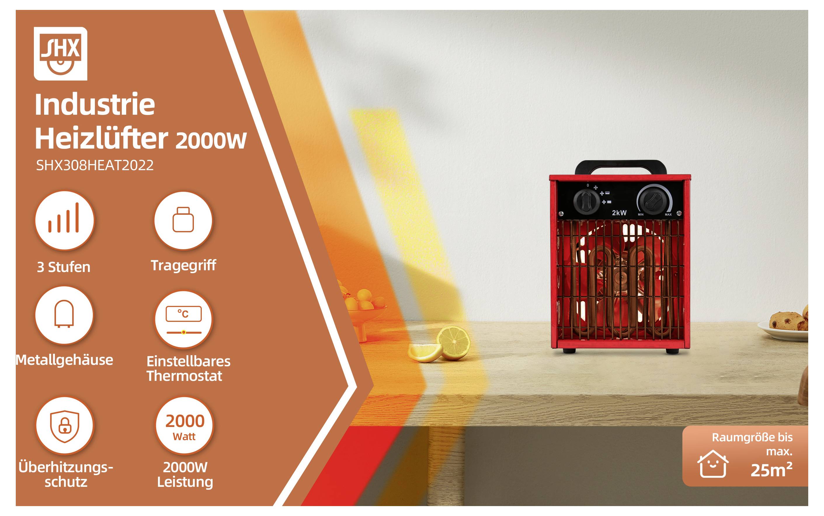 Industrie-Heizlüfter 2000W mit rotem Metallgehäuse auf einer Holzoberfläche; Merkmale umfassen 3 Geschwindigkeitsstufen, Tragegriff, einstellbaren Thermostat und Überhitzungsschutz für einen Bereich von 25 m².