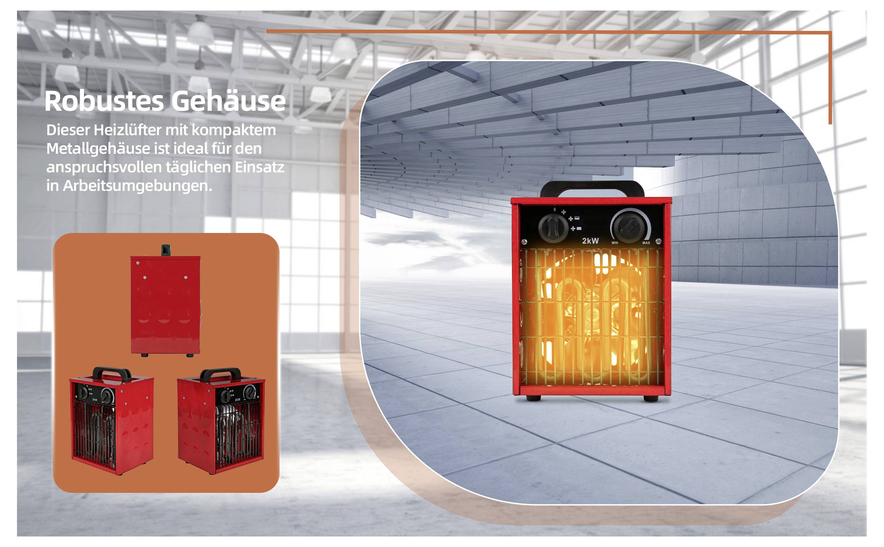 Robuster Heizlüfter mit rotem Gehäuse und kompaktem Metalldesign, geeignet für anspruchsvolle tägliche Arbeitsplatznutzung. Der Heizlüfter wird in einem großen industriellen Raum präsentiert.