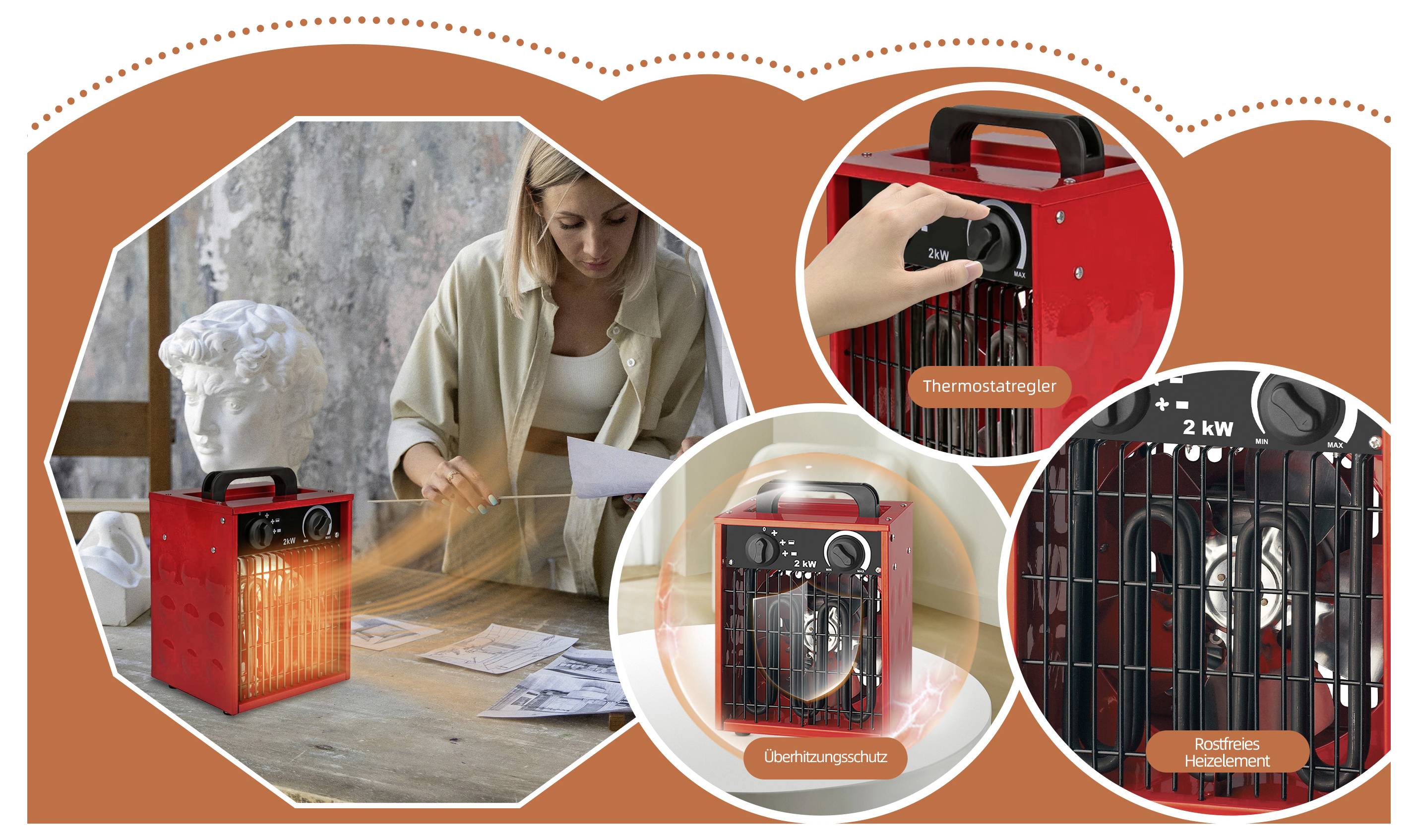 Eine Frau untersucht Dokumente in der Nähe eines roten tragbaren Heizgeräts. Einblendungen zeigen Details des Heizgeräts: einen Thermostatregler, Kontrollleuchten und einen Antriebsmotor.