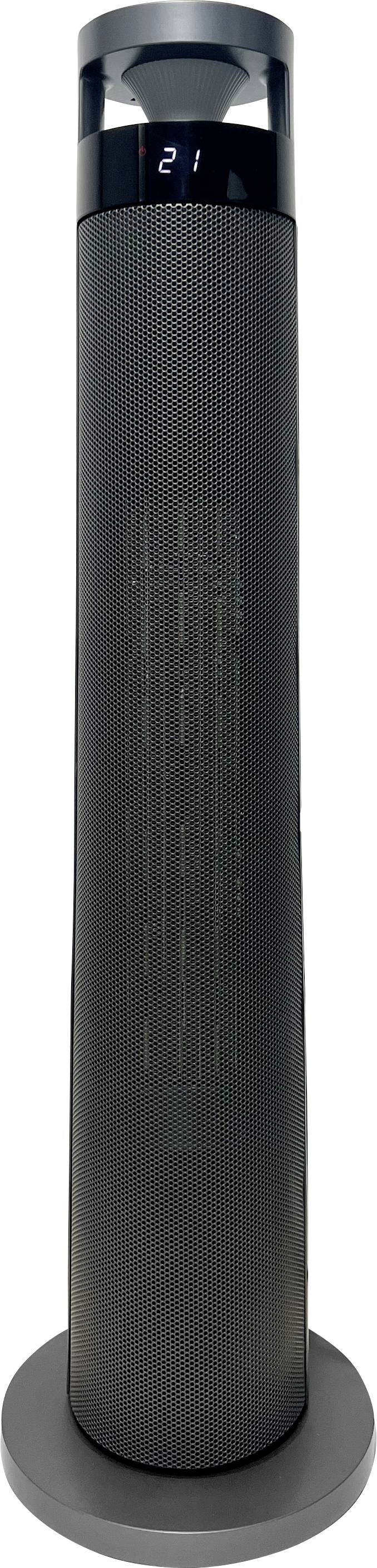 Ein hoher, zylindrischer schwarzer Turmventilator mit einer digitalen Anzeige oben, der auf einer kreisförmigen Basis steht.