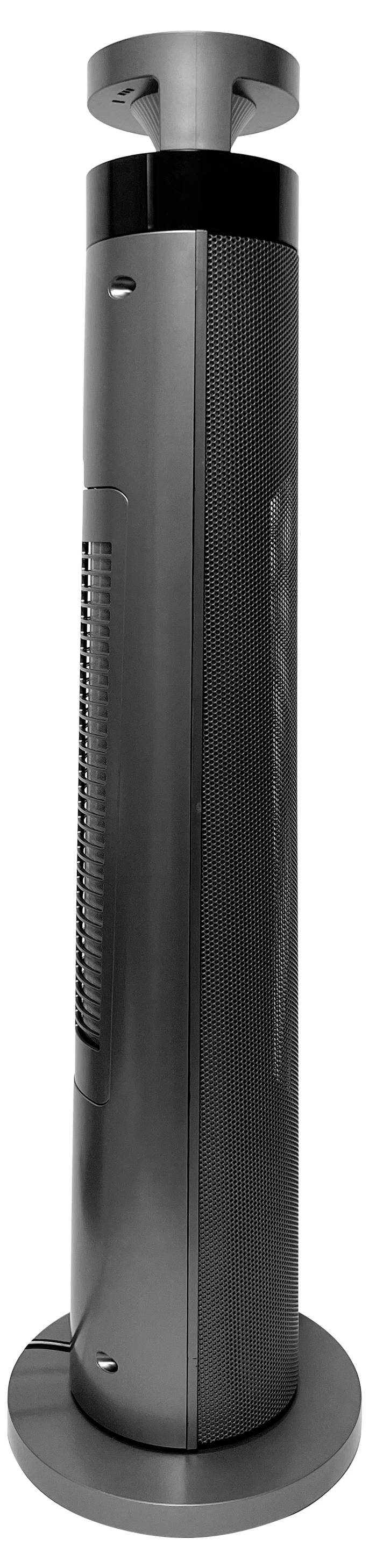 Turmventilator in Metallic-Optik, zylindrische Konstruktion, mit einer schlanken vertikalen Struktur und einer runden Basis und Oberteil.