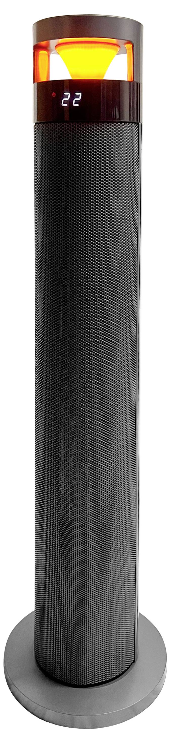 Ein hoher, zylindrischer schwarzer Turmheizlüfter mit einer digitalen Temperaturanzeige, die auf 22 eingestellt ist, gekrönt von einem orange beleuchteten Abschnitt.