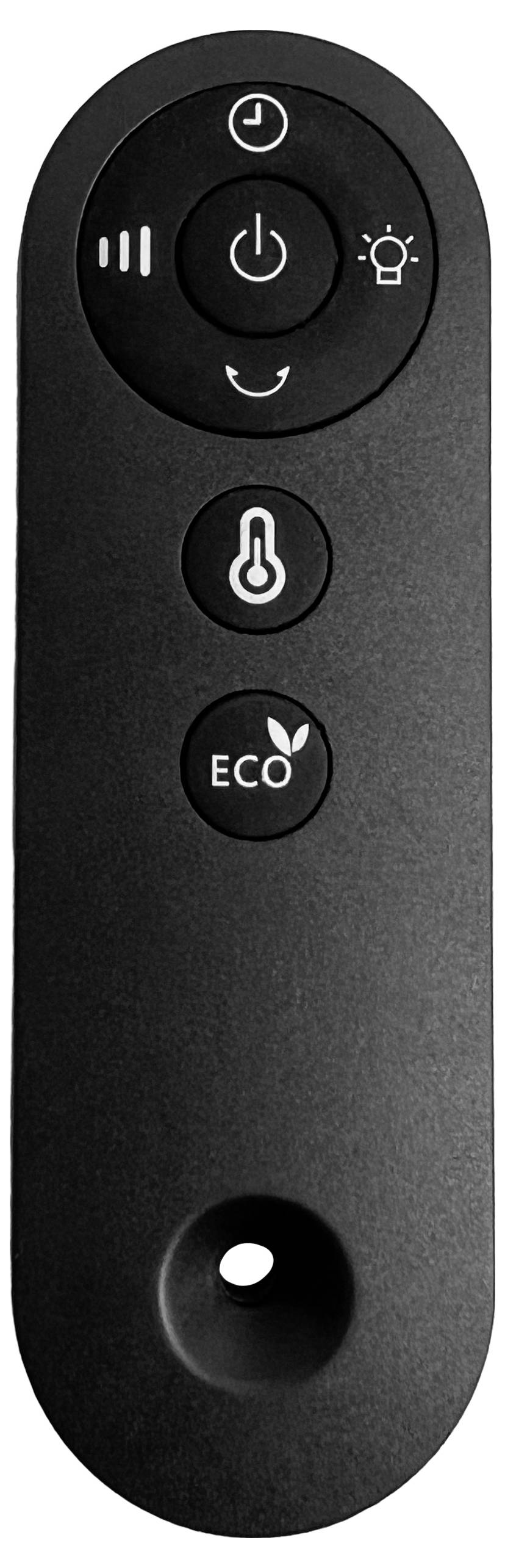 Schwarze Fernbedienung mit Tasten für Ein/Aus, Helligkeit, Temperatur und Öko-Modus.