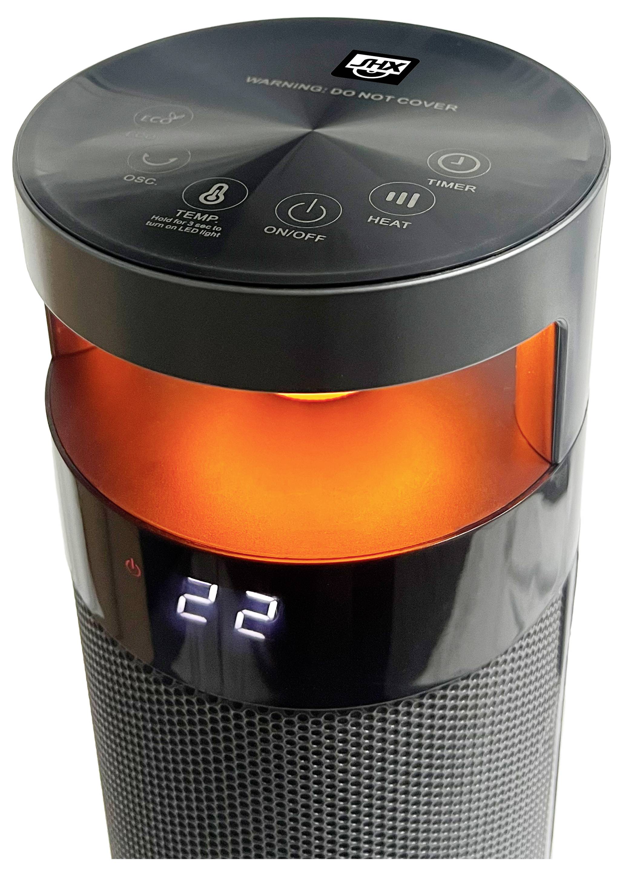 Ein hoher, zylindrischer Elektroheizer mit digitaler Steuerung zeigt eine Temperaturanzeige von '22'. Er verfügt über Tasten für Ein/Aus, Oszillation, Timer und Wärmeeinstellungen.