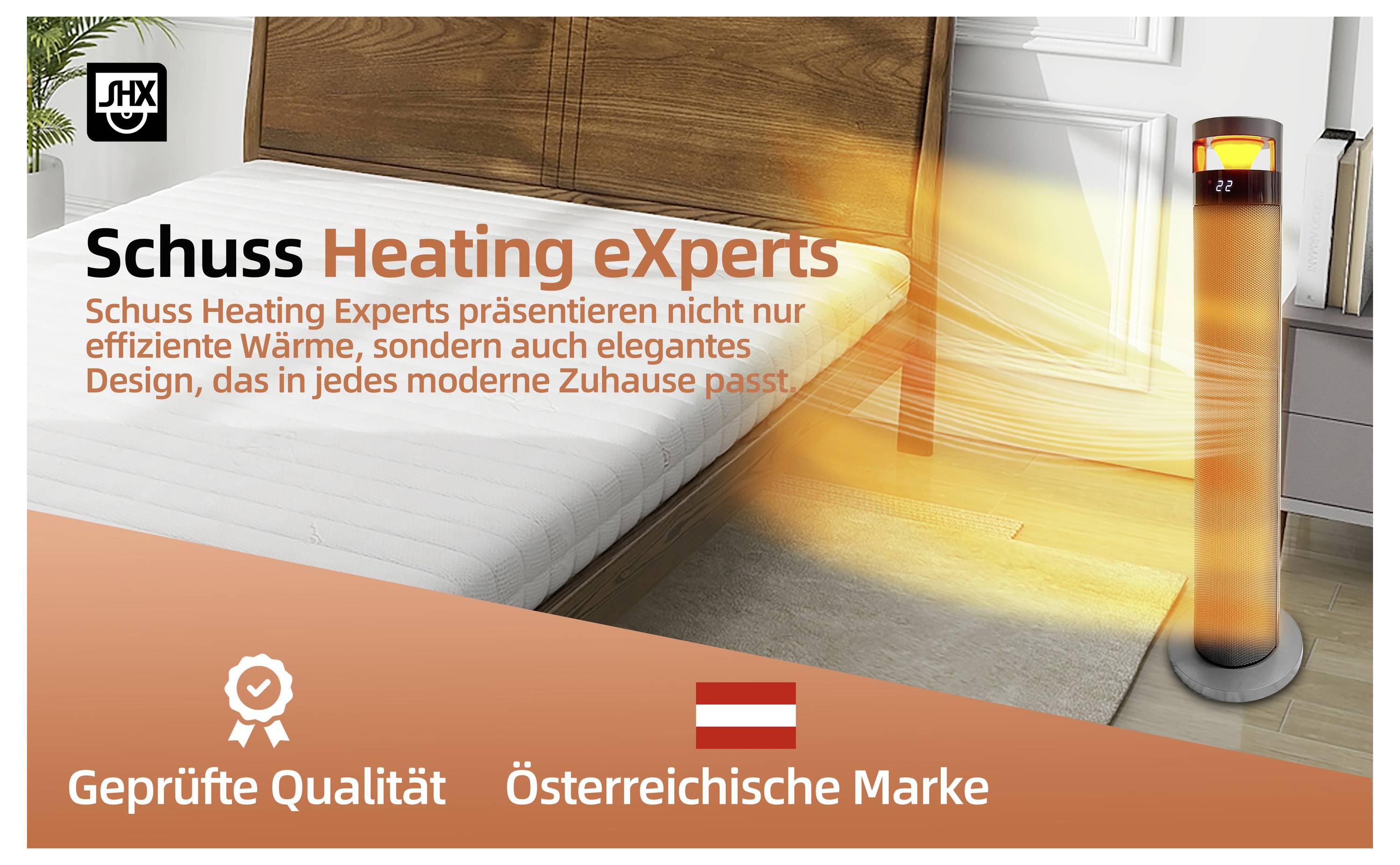 Ein schlanker, moderner Säulenheizkoerper neben einem Bett, mit orangefarbenem Licht, das Wärme anzeigt. Text lautet: 'Schuss Heating eXperts' und betont das Design.