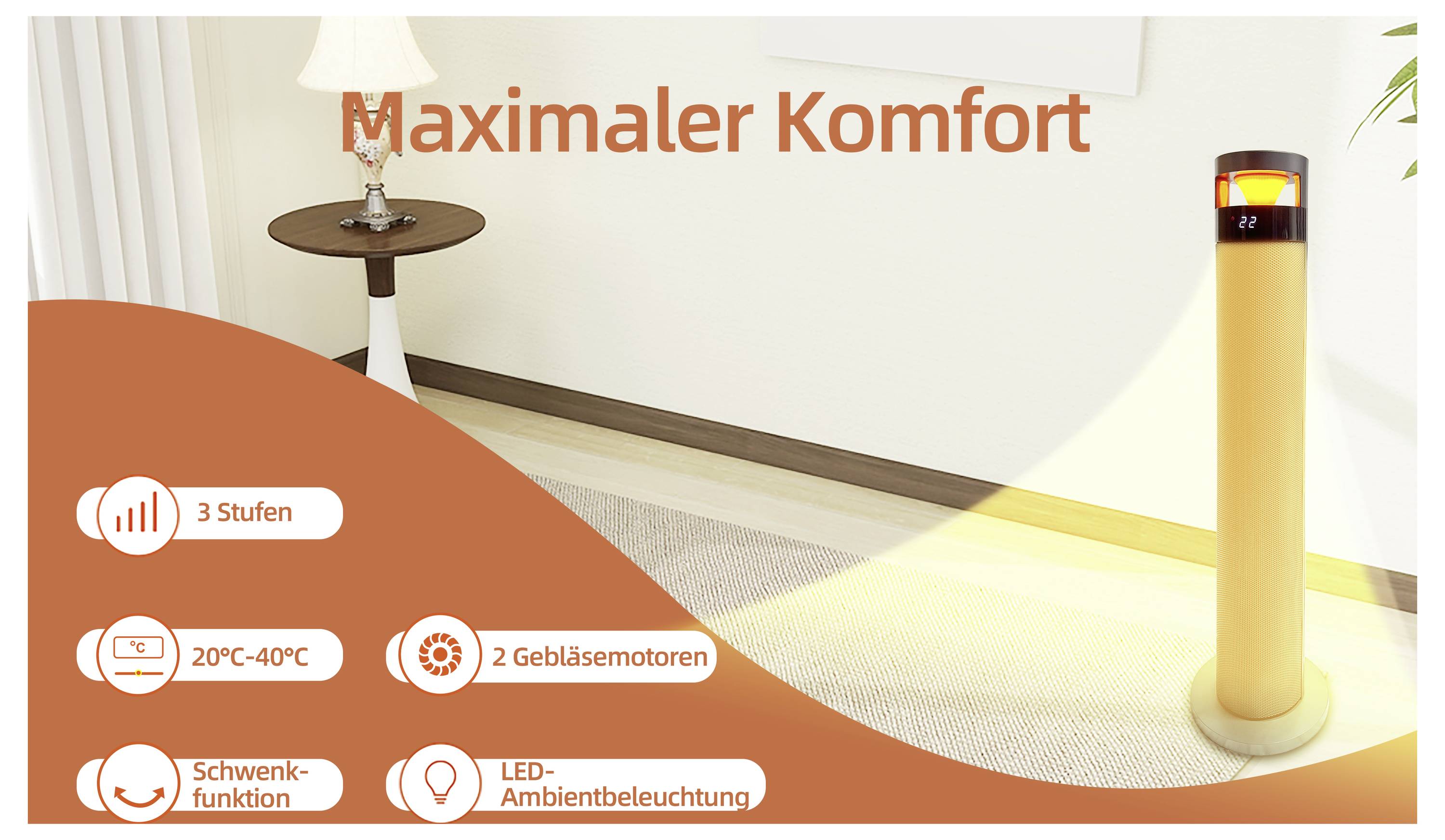 Turmventilator in einem Raum mit dem Text 