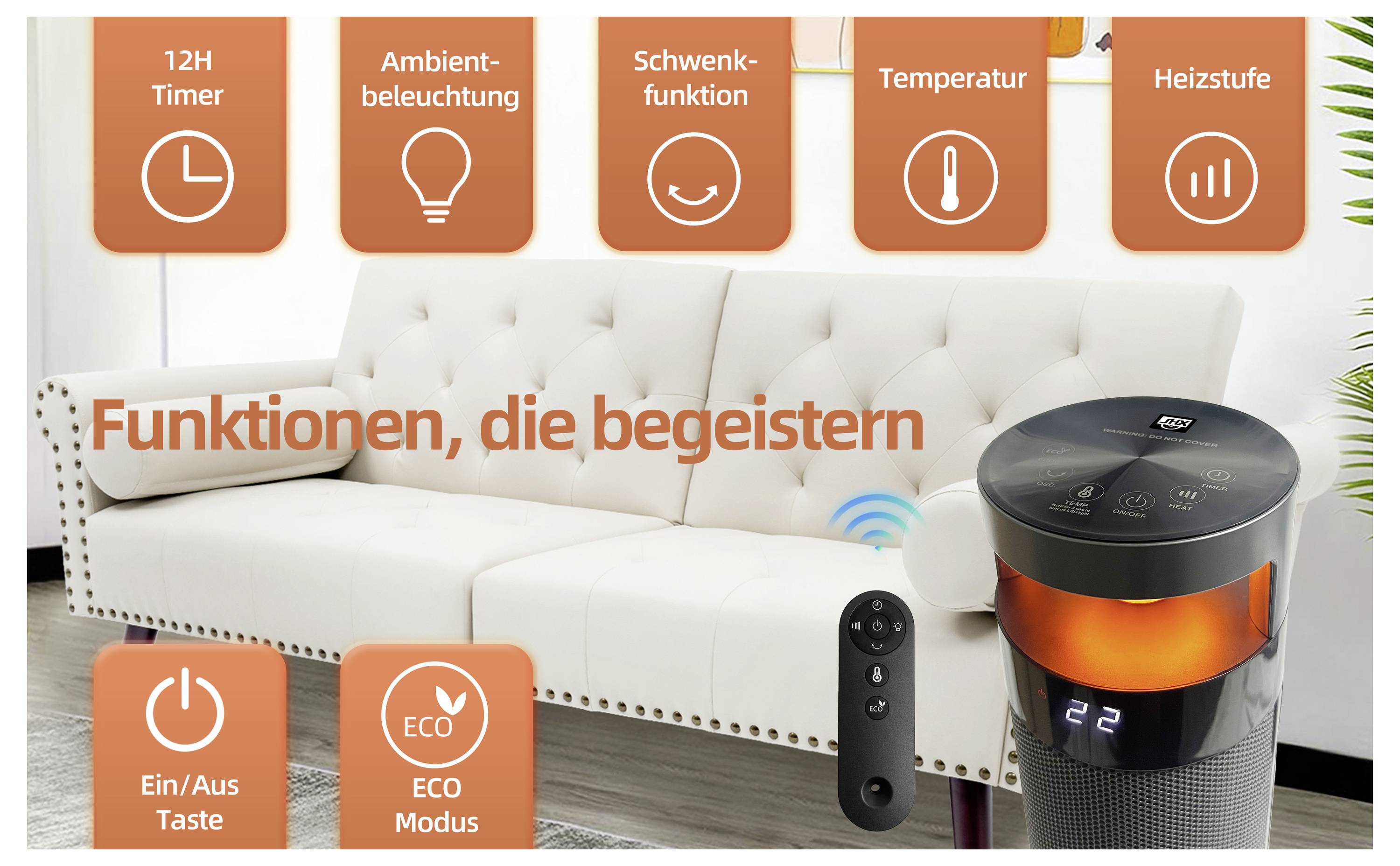 Ein Heizgerät mit Fernbedienung steht vor einem weißen Sofa. Zu den Funktionen gehören 12-Stunden-Timer, Ambientebeleuchtung, Schwenkfunktion, Temperatureinstellung, Heizstufen, Einschaltknopf und ECO-Modus.