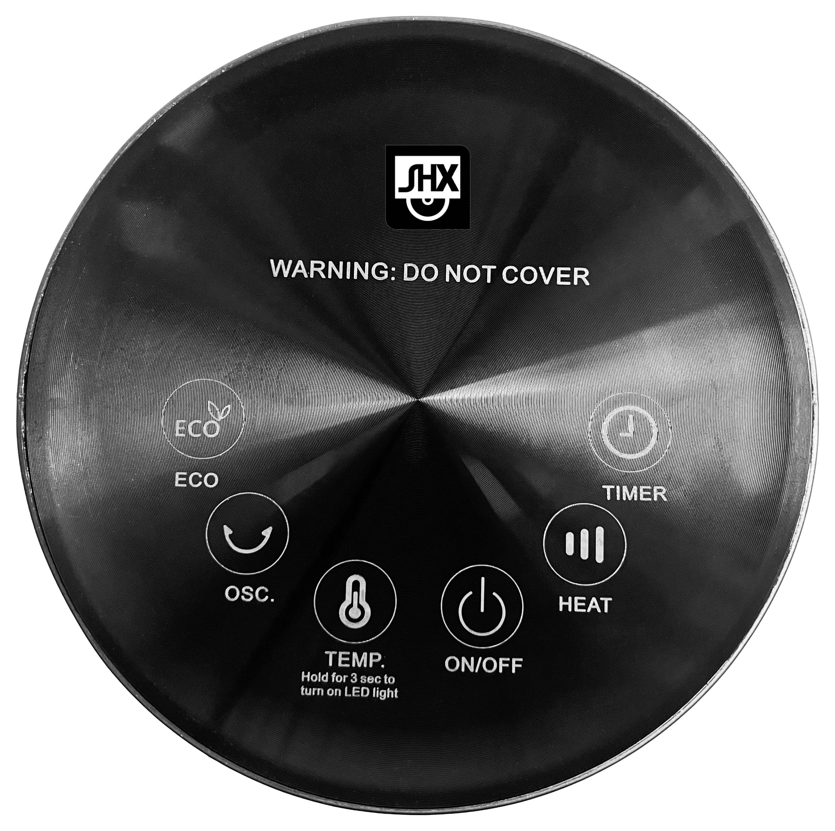 Ein kreisförmiges Bedienfeld zeigt Einstellungen: ECO-Modus, Timer, Oszillation, Wärme, Temperatur, Ein/Aus. Text lautet: 'WARNUNG: NICHT ABDECKEN'.