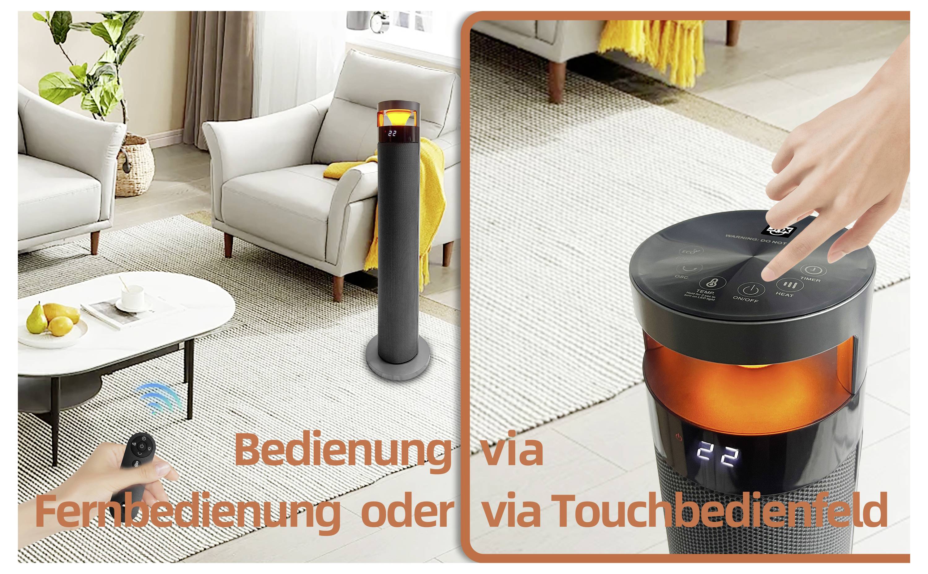 Eine Person bedient einen schwarzen Turmheizer in einem Wohnzimmer mit einer Fernbedienung; Text lautet: 'Bedienung via Fernbedienung oder via Touchbedienfeld'