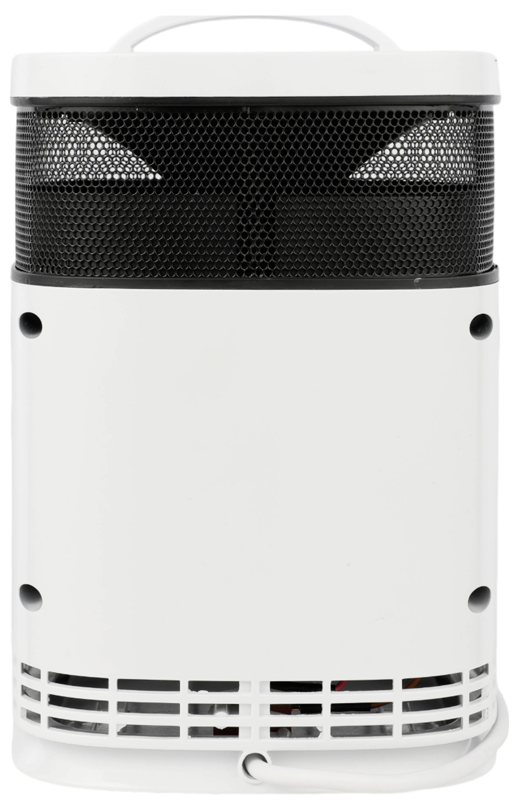 Ein weißes, zylindrisches elektronisches Gerät mit Lüftungsschlitzen und einem Griff oben, höchstwahrscheinlich ein Luftreiniger oder Ventilator, Frontansicht.
