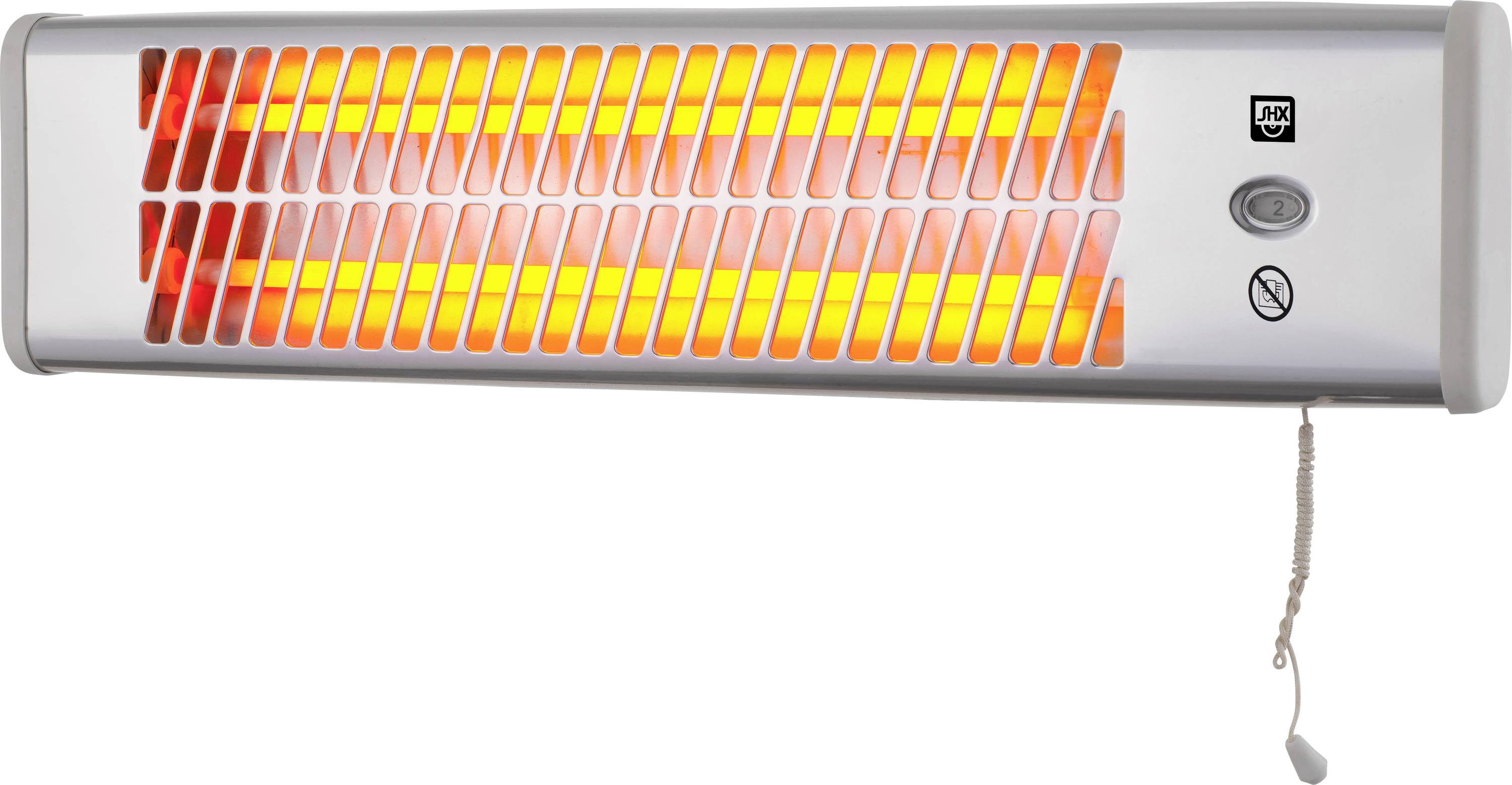 Ein wandmontierter elektrischer Heizkörper mit einem Metallgitter strahlt orangefarbenes Glühlicht aus, was darauf hinweist, dass er eingeschaltet ist. Eine Zugschnur hängt darunter zur Bedienung.