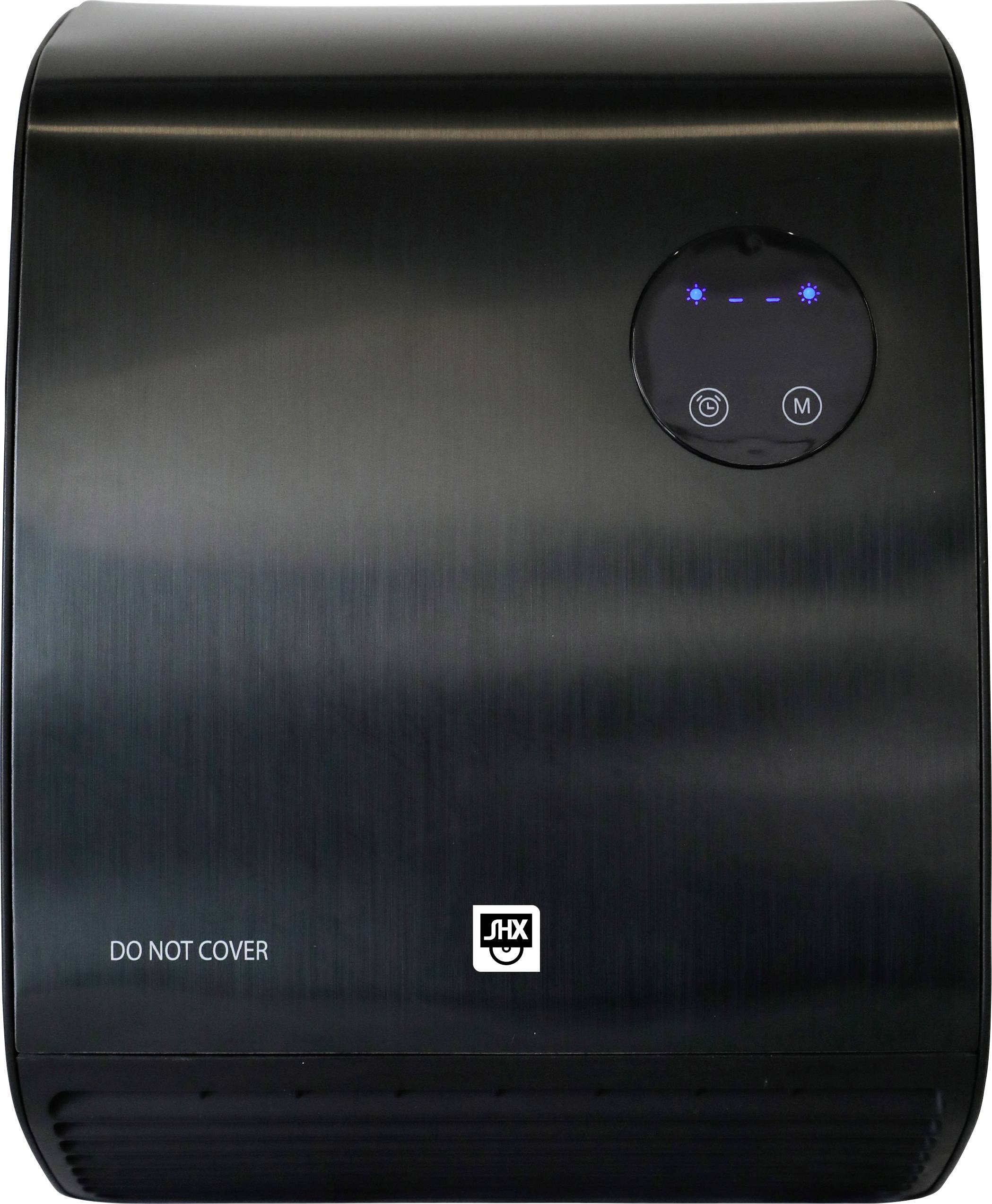 Ein schwarzer elektronischer Händetrockner mit einer digitalen Anzeige, die blaue Lichter zeigt, einem Modustaste und dem Text ‚NICHT ABDECKEN'.