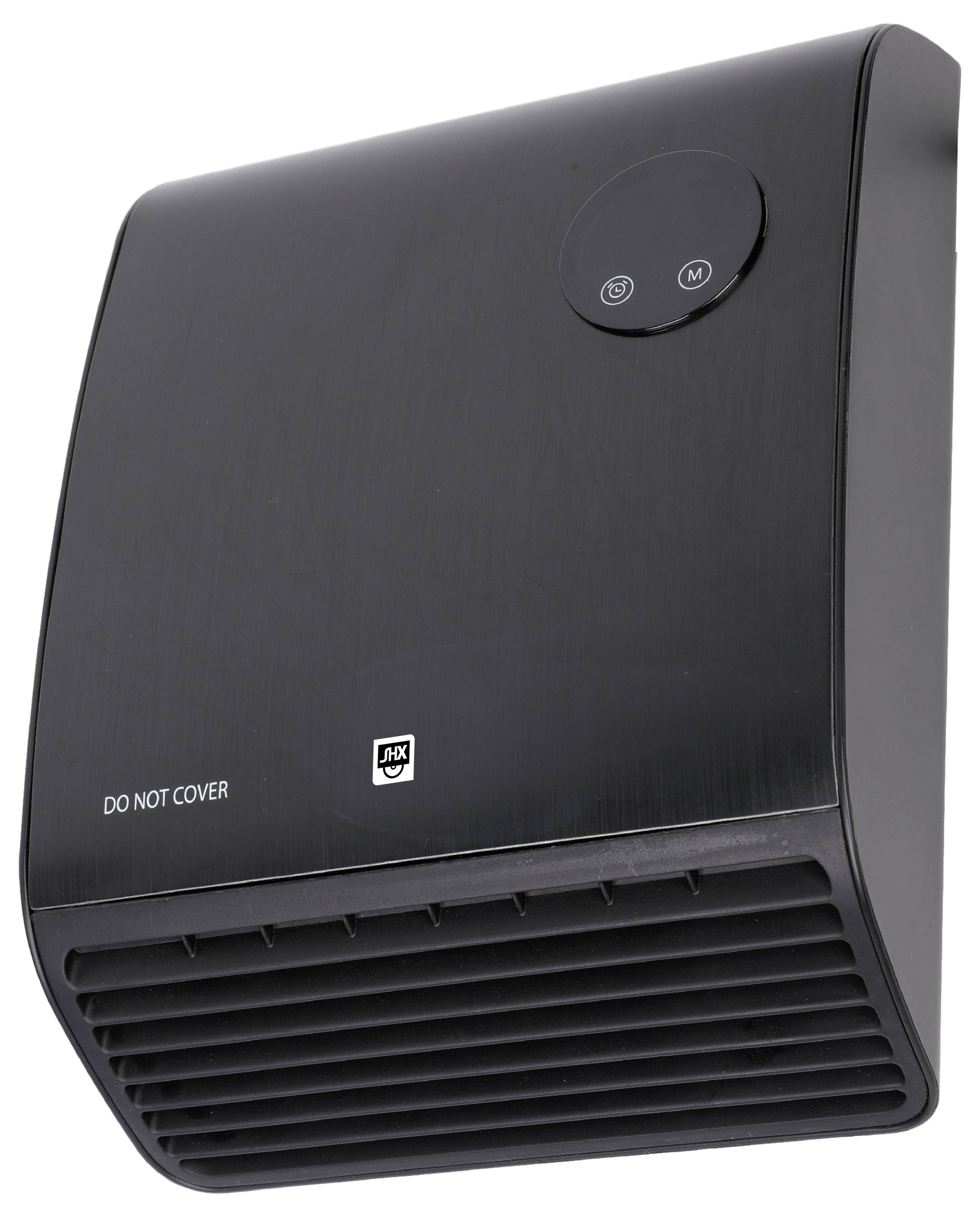 Schwarzer, wandmontierter Händetrockner mit einer kreisförmigen Bedienplatte und Lüftungsöffnung am unteren Rand, mit der Aufschrift 