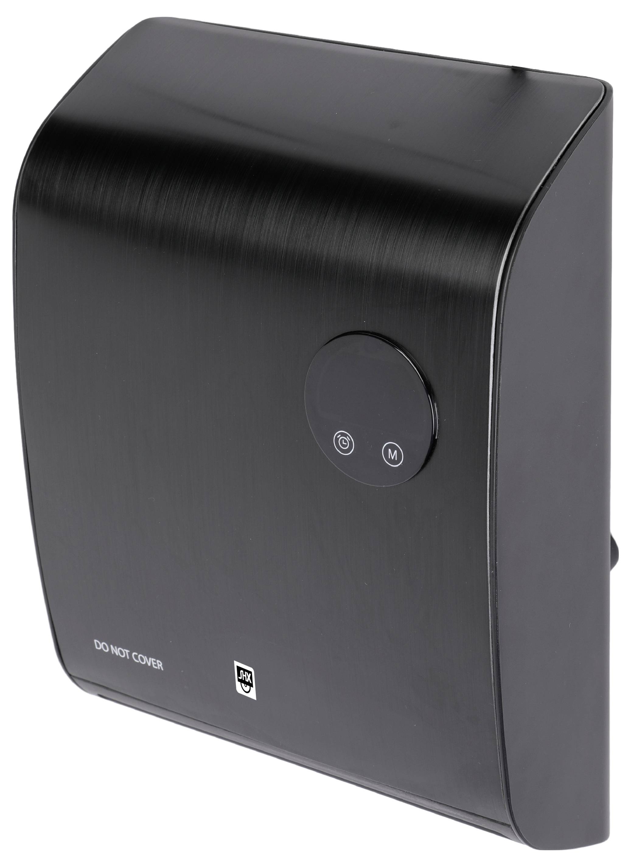 Ein schwarzer, wandmontierter Händetrockner mit elegantem Design, der einen runden Touchpanel auf der Vorderseite aufweist.