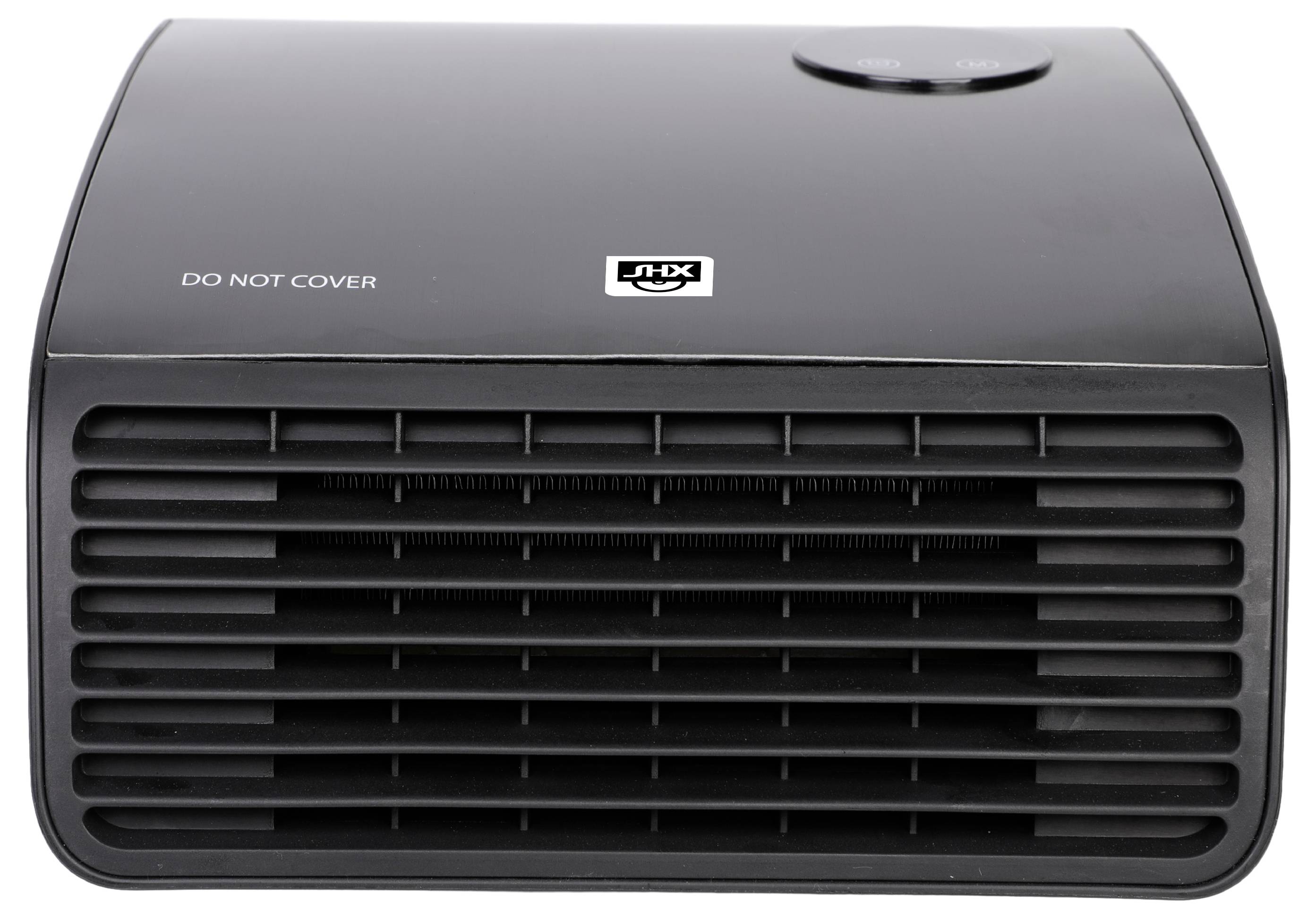 Ein kompakter schwarzer Heizlüfter mit einem vorderen Schutzgitter, auf dem oben ein Warnhinweis 