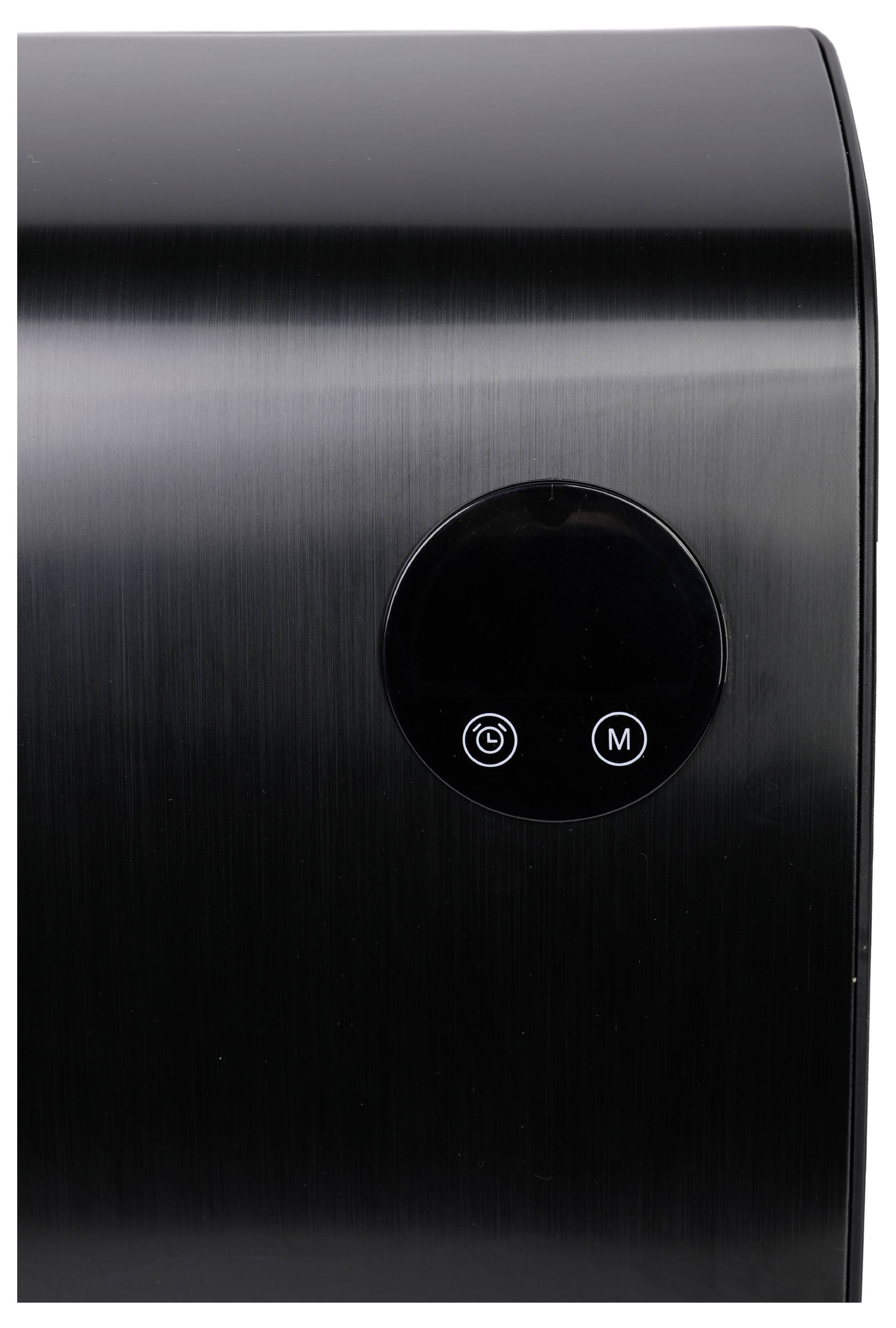 Ein schlankes schwarzes Gerät mit einem kreisförmigen Touchscreen, der Energie- und Modustymbole zeigt, das wahrscheinlich für elektronische Steuerungszwecke verwendet wird.