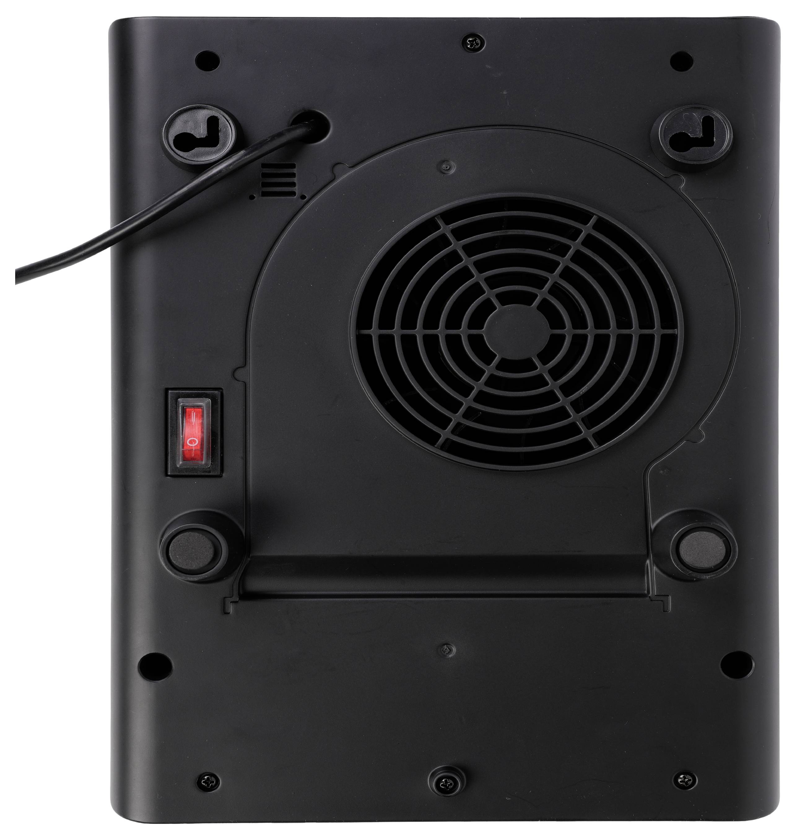 Rückansicht eines schwarzen elektronischen Geräts mit Kühlventilator, Netzkabel und Ein-/Ausschalter.