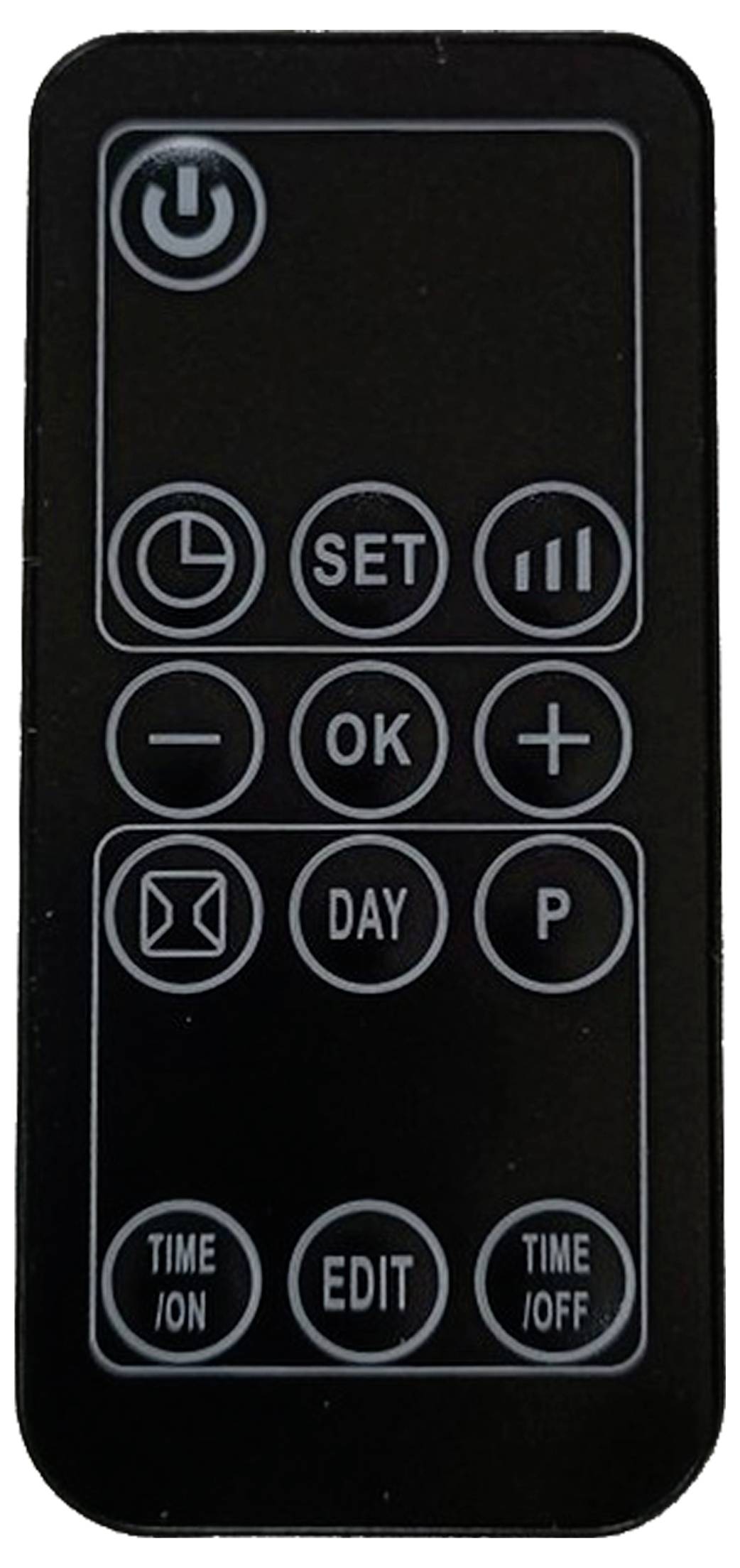 Eine schwarze Fernbedienung mit mehreren Tasten, einschließlich Power, Set, OK, Plus, Tag und Zeit Ein/Aus.