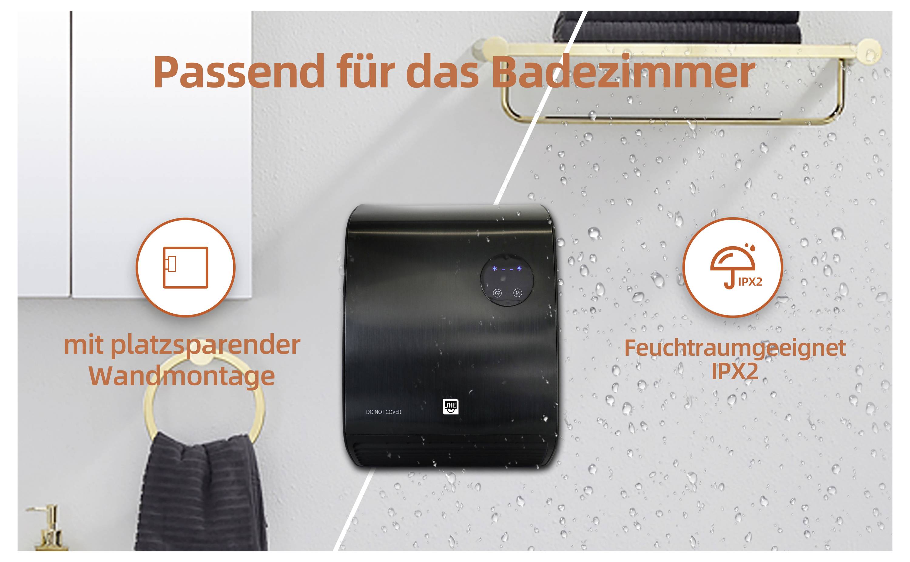 Ein wandmontierter schwarzer Handtrockner in einer Badezimmerumgebung, mit Text, der die platzsparende Installation und die feuchtigkeitsbeständige IPX2-Bewertung hervorhebt.