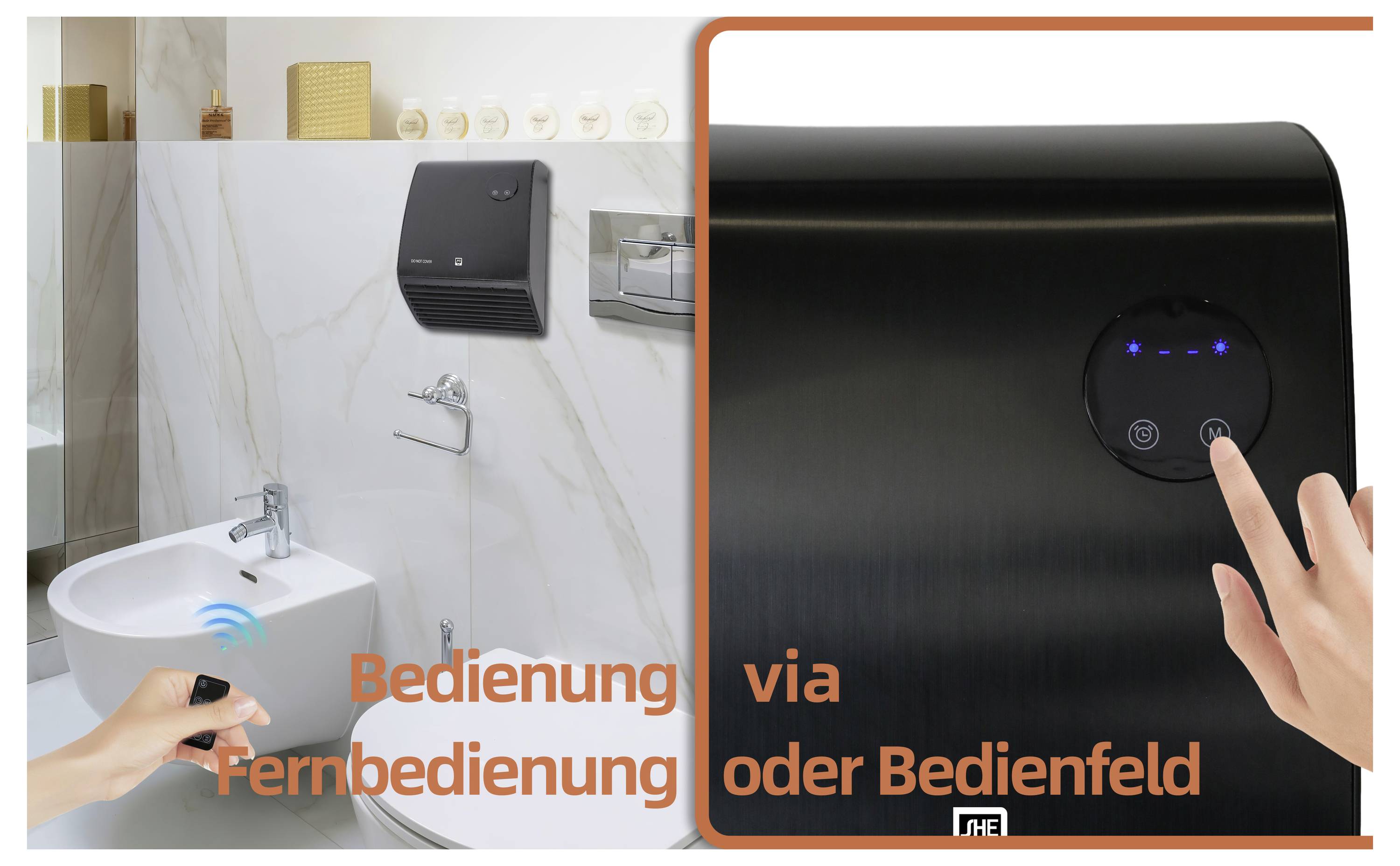 Eine Badezimmerszene mit einem wandmontierten schwarzen Händetrockner, der per Fernbedienung oder Bedienfeld gesteuert wird. Text auf Deutsch übersetzt: 