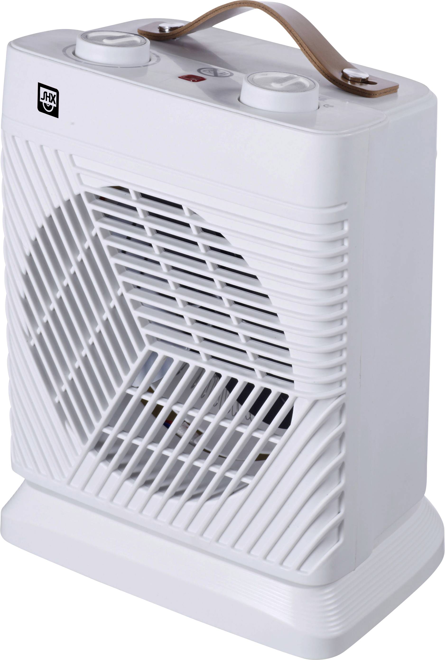 Ein weißer tragbarer elektrischer Heizlüfter mit einer belüfteten Frontseite, einem braunen Tragegriff oben und zwei Einstellungsreglern.