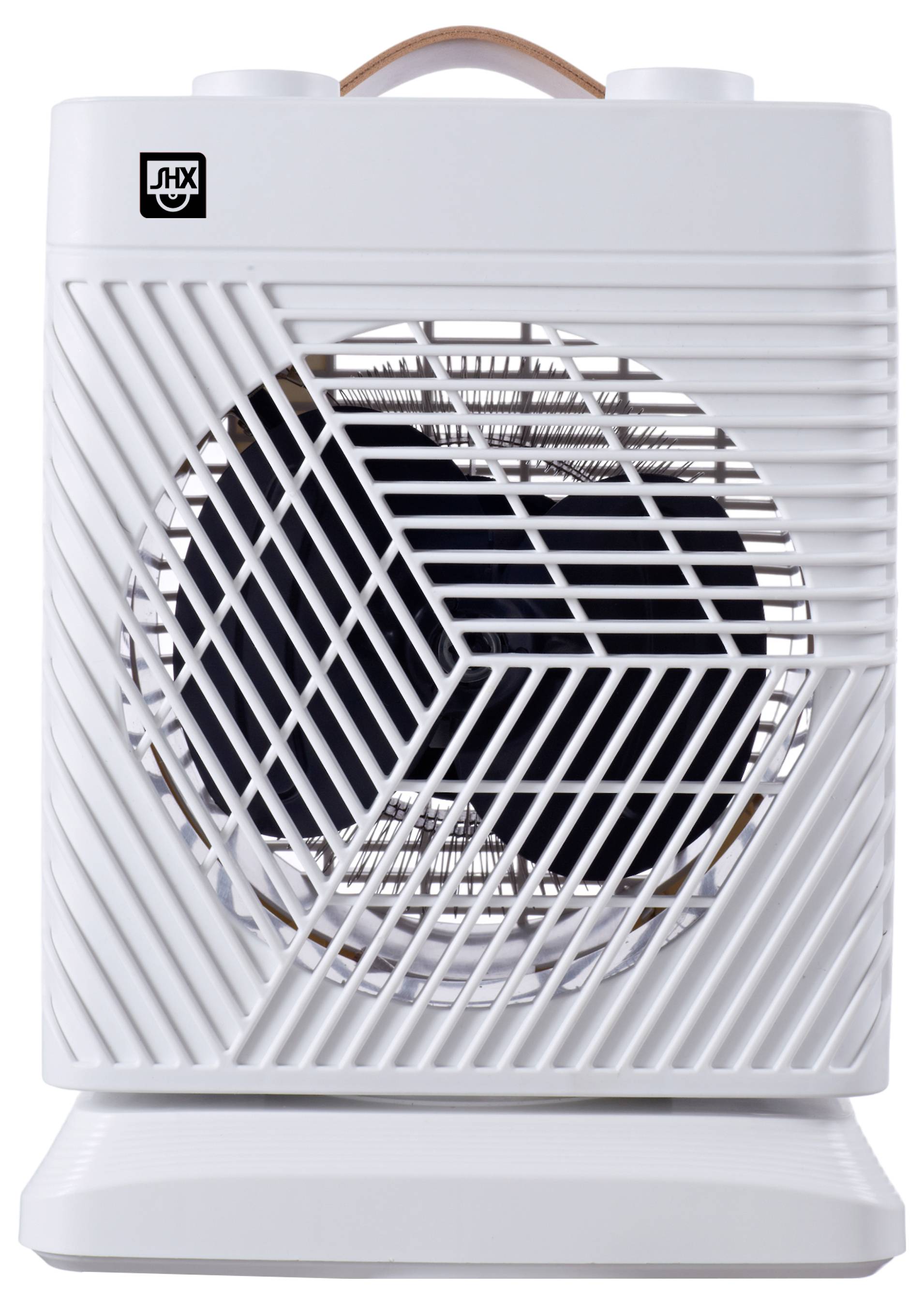 Ein weißer elektrischer Heizlüfter mit Frontgitterdesign, ausgestattet mit einem Ventilator im Inneren für Luftzirkulation, auf einer flachen Standfläche platziert.