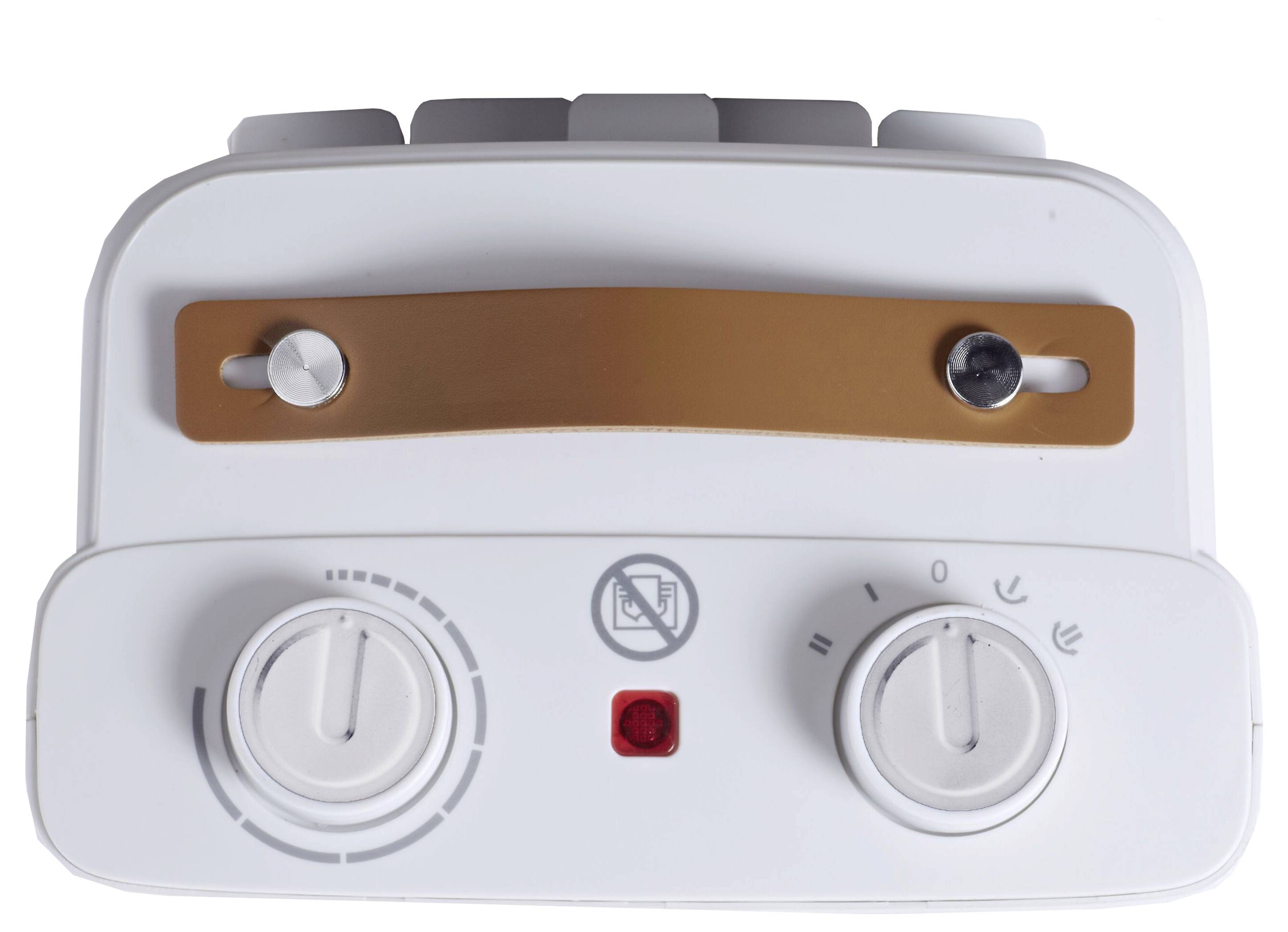 Draufsicht eines weißen Geräts mit zwei Drehreglern, einem Warnhinweissymbol und einer roten Kontrollleuchte, wahrscheinlich für Temperatur- oder Geschwindigkeitseinstellungen.
