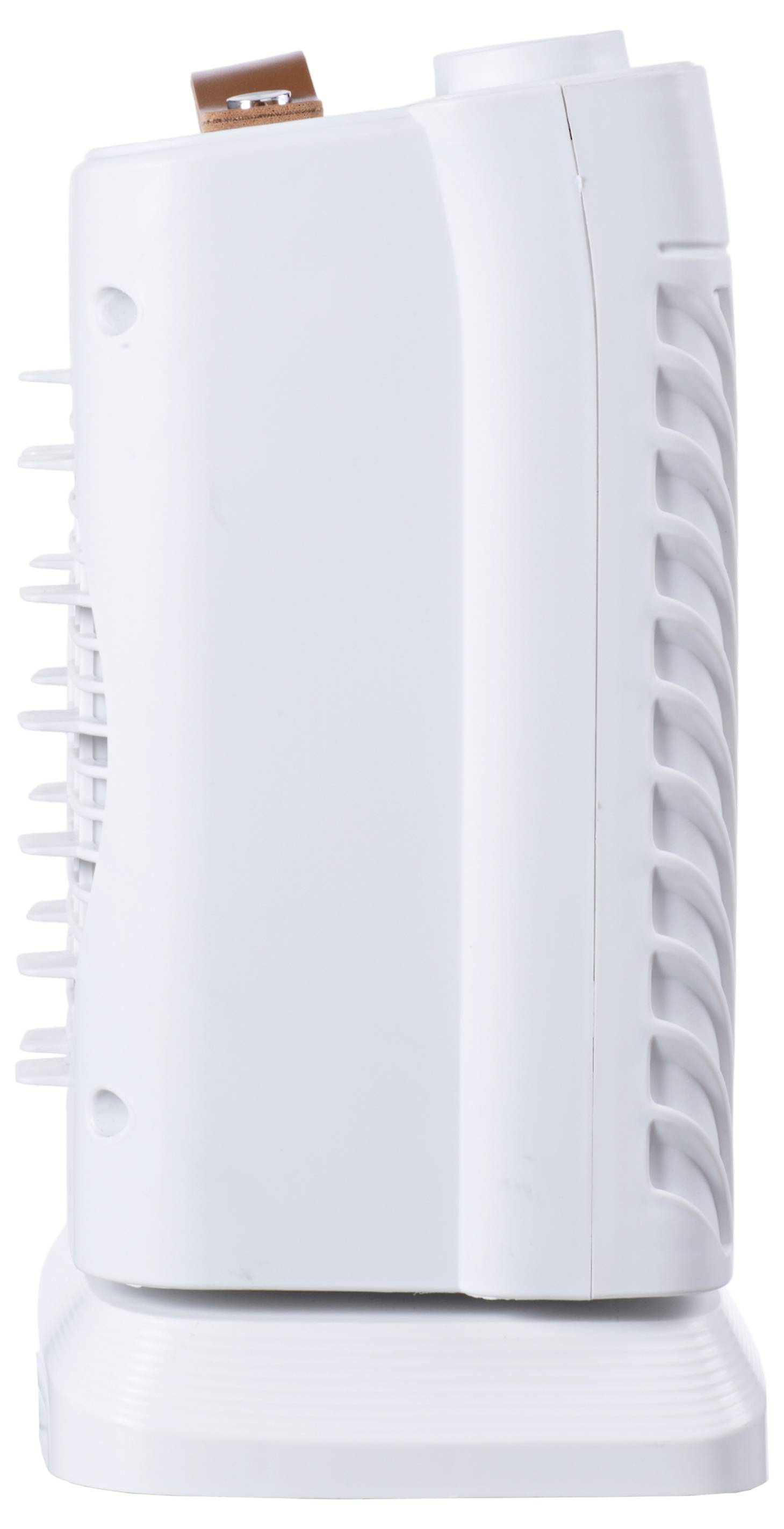 Seitenansicht eines weißen, kompakten Luftreinigers oder Heizgeräts mit Lüftungsschlitzen an der Seite und einer Steuerung auf der Oberseite.