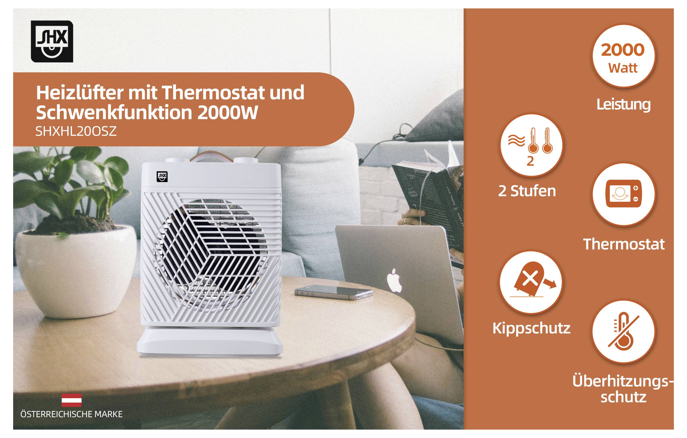 Heating fan with thermostat and oscillation function 2000W, 2 stages, thermostat, tilt protection, overheating protection. Power: 2000 watts.