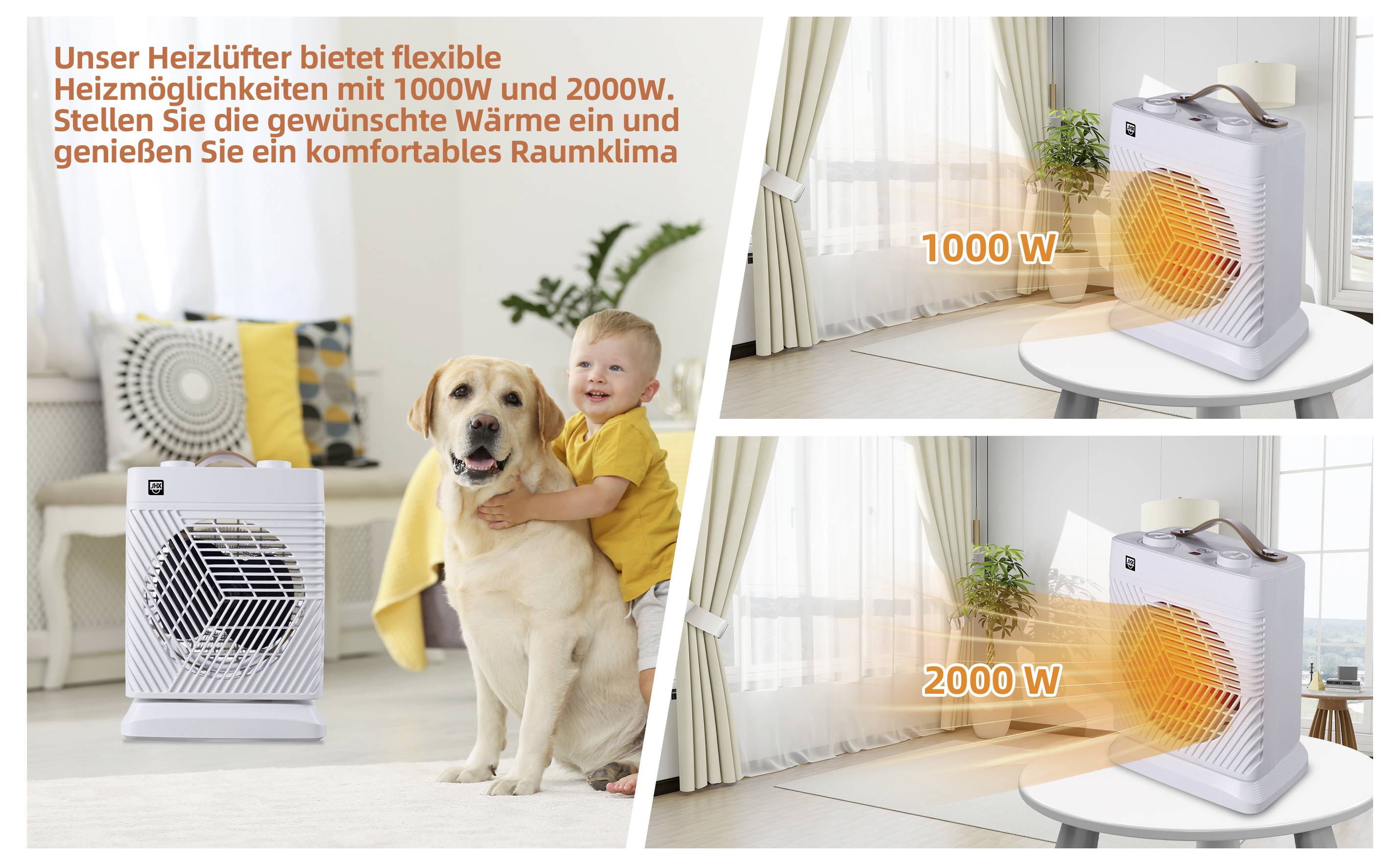 Ein Kind und ein Hund in der Nähe eines Heizkörpers im Innenbereich; daneben zwei Bilder mit Heizeinstellungen: eines mit der Beschriftung „1000 W