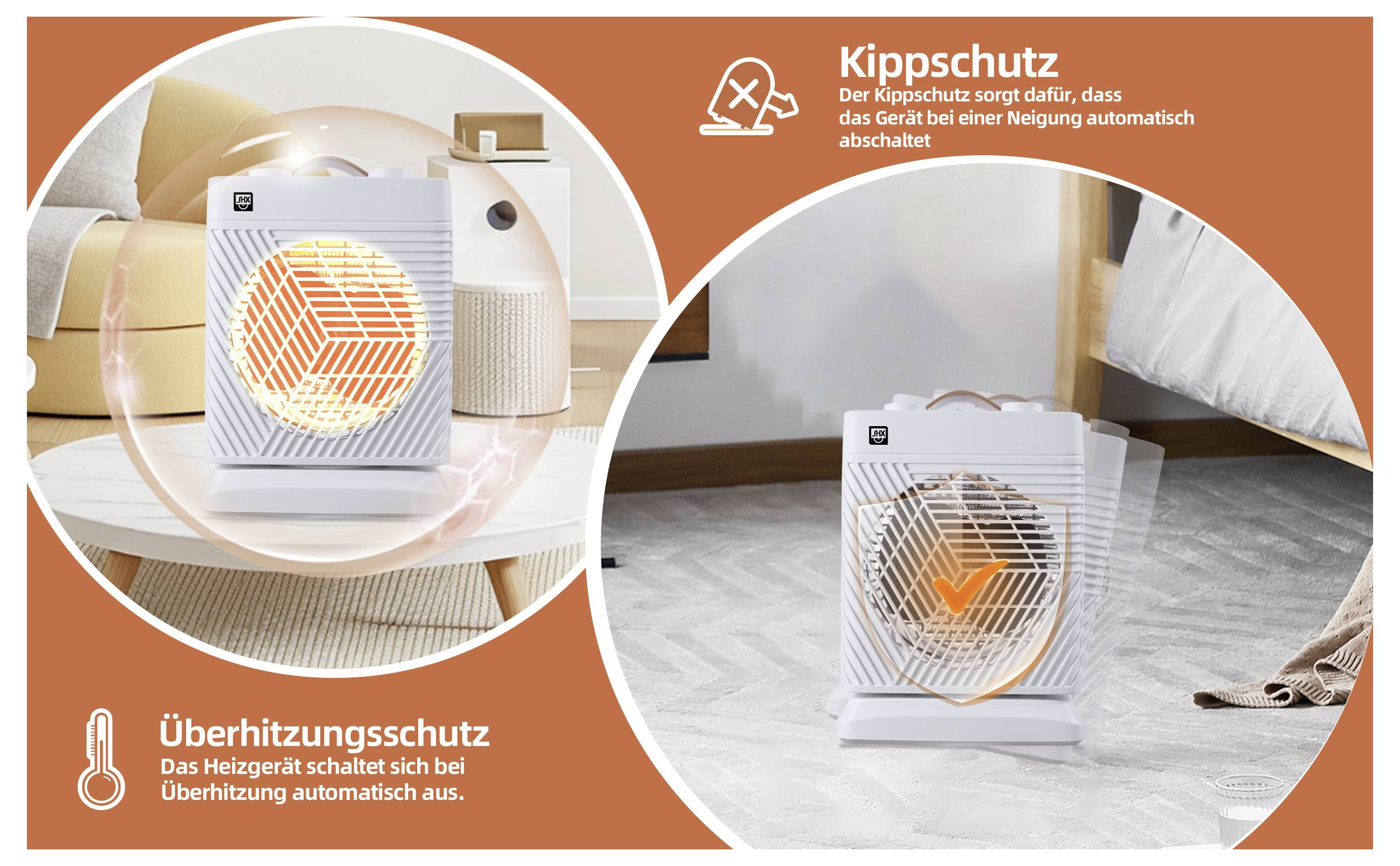 Ein Raum mit einem geneigten elektrischen Heizgerät in einem Schlafzimmerambiente, das Sicherheitsmerkmale zeigt: „Umkippschutz