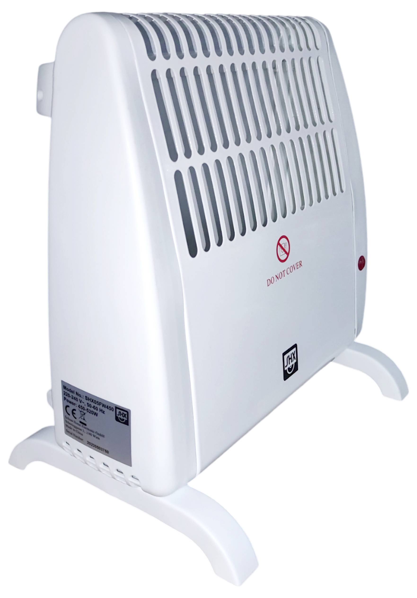 Ein weißer elektrischer Konvektionsheizkörper mit Lüftungsschlitzen und der Warnung 