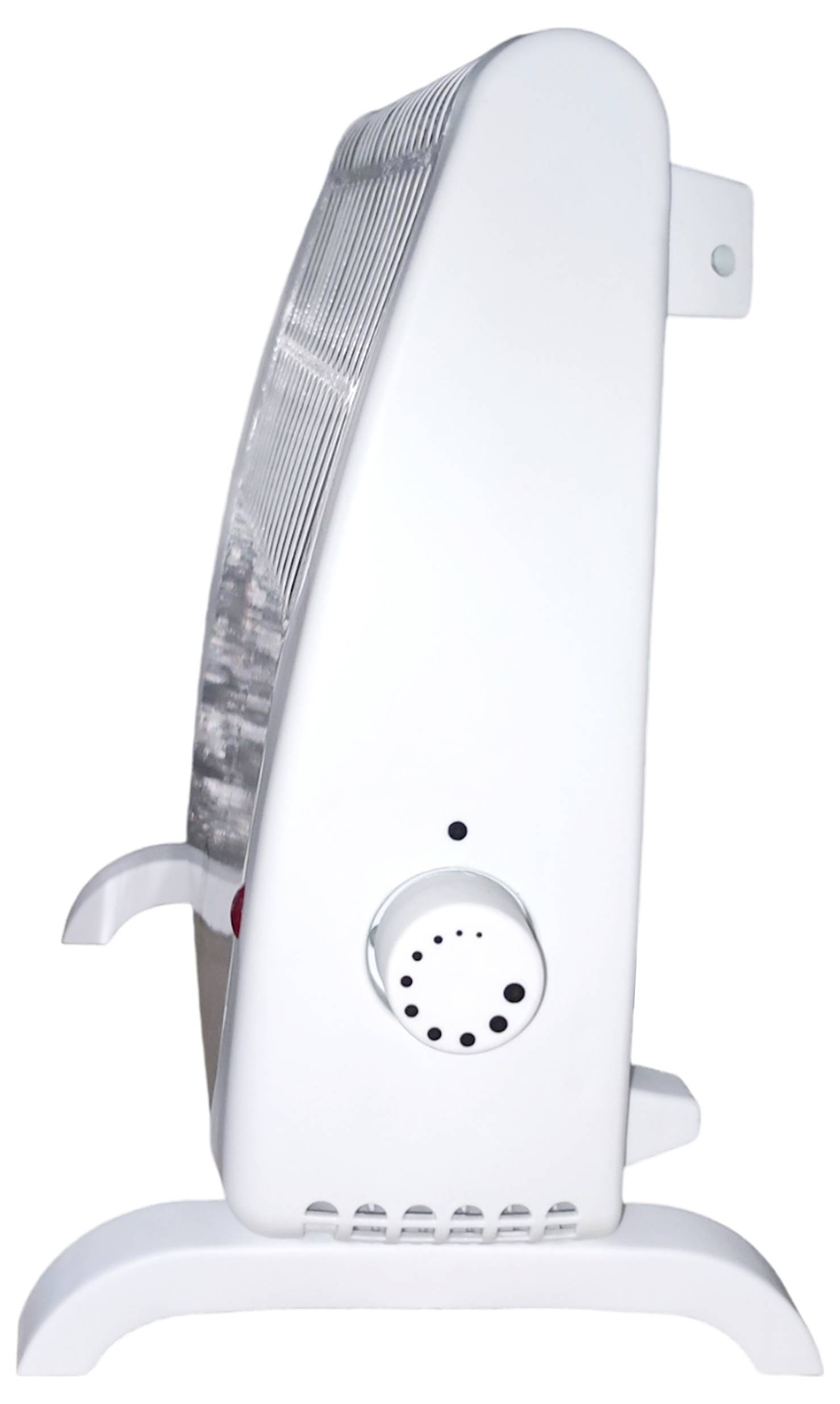 Ein weißer mobiler Raumheizer mit verstellbarem Thermostatregler, von der Seite abgebildet. Er ist ausgeschaltet und nicht angeschlossen.