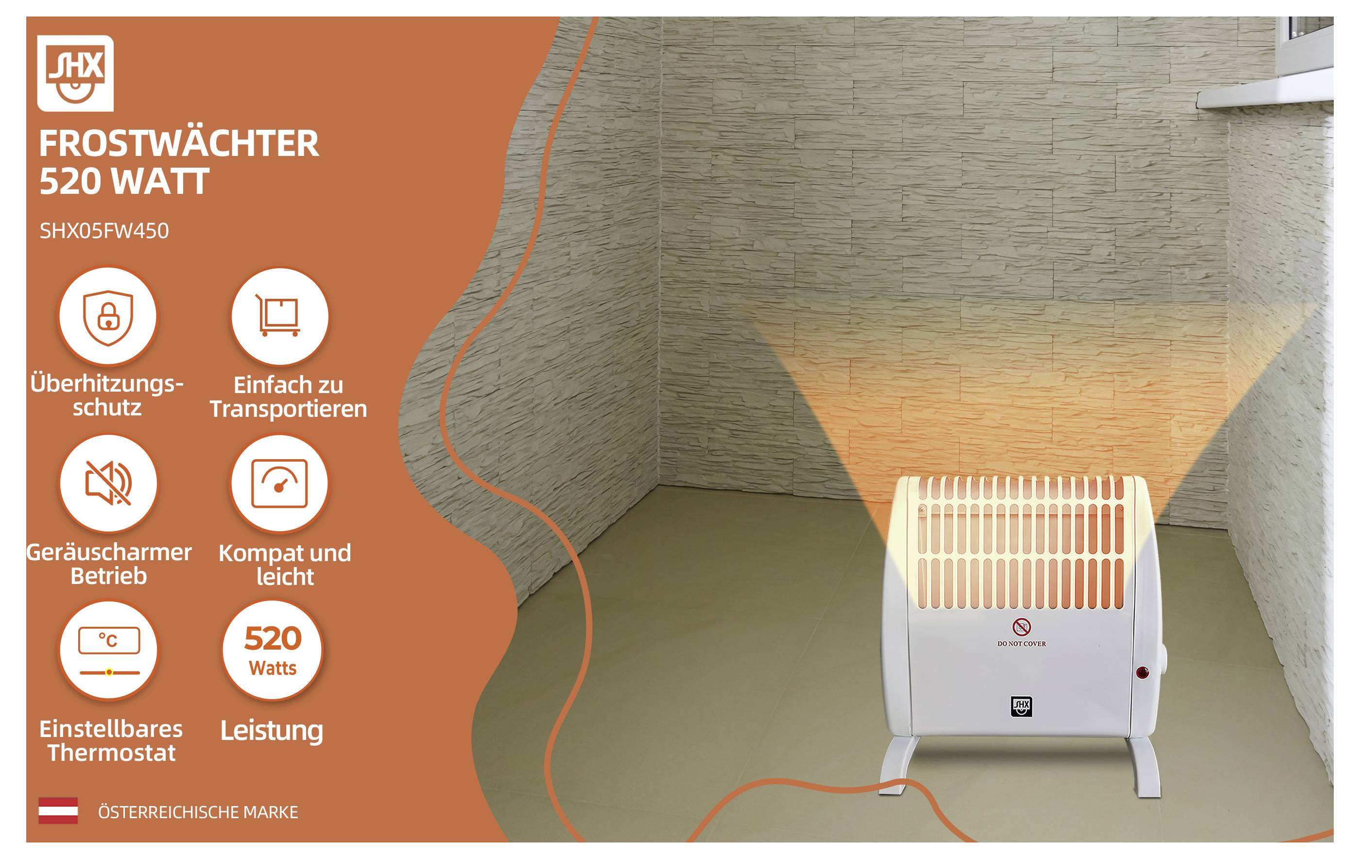 Ein kompakter weißer Raumheizer auf einem beigen Boden sendet orangefarbene Wärmewellen aus. Eine Seitenleiste listet Funktionen auf: Überhitzungsschutz, tragbar, leise Betriebsgeräusche, einstellbarer Thermostat, 520 Watt.