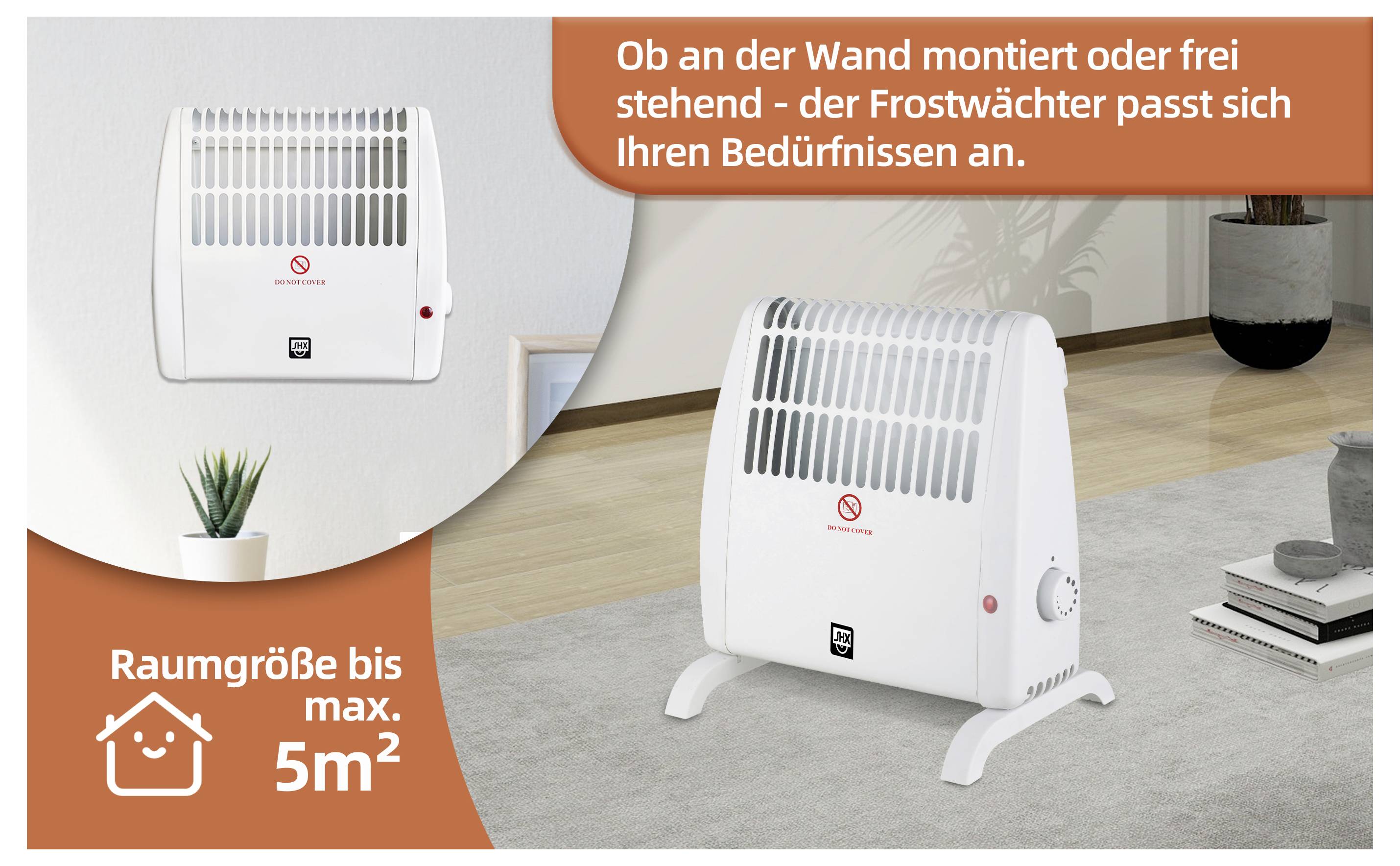 Frostwächter-Heizgerät sowohl wandmontiert als auch freistehend in einem Raum gezeigt, geeignet für Flächen bis zu 5m².