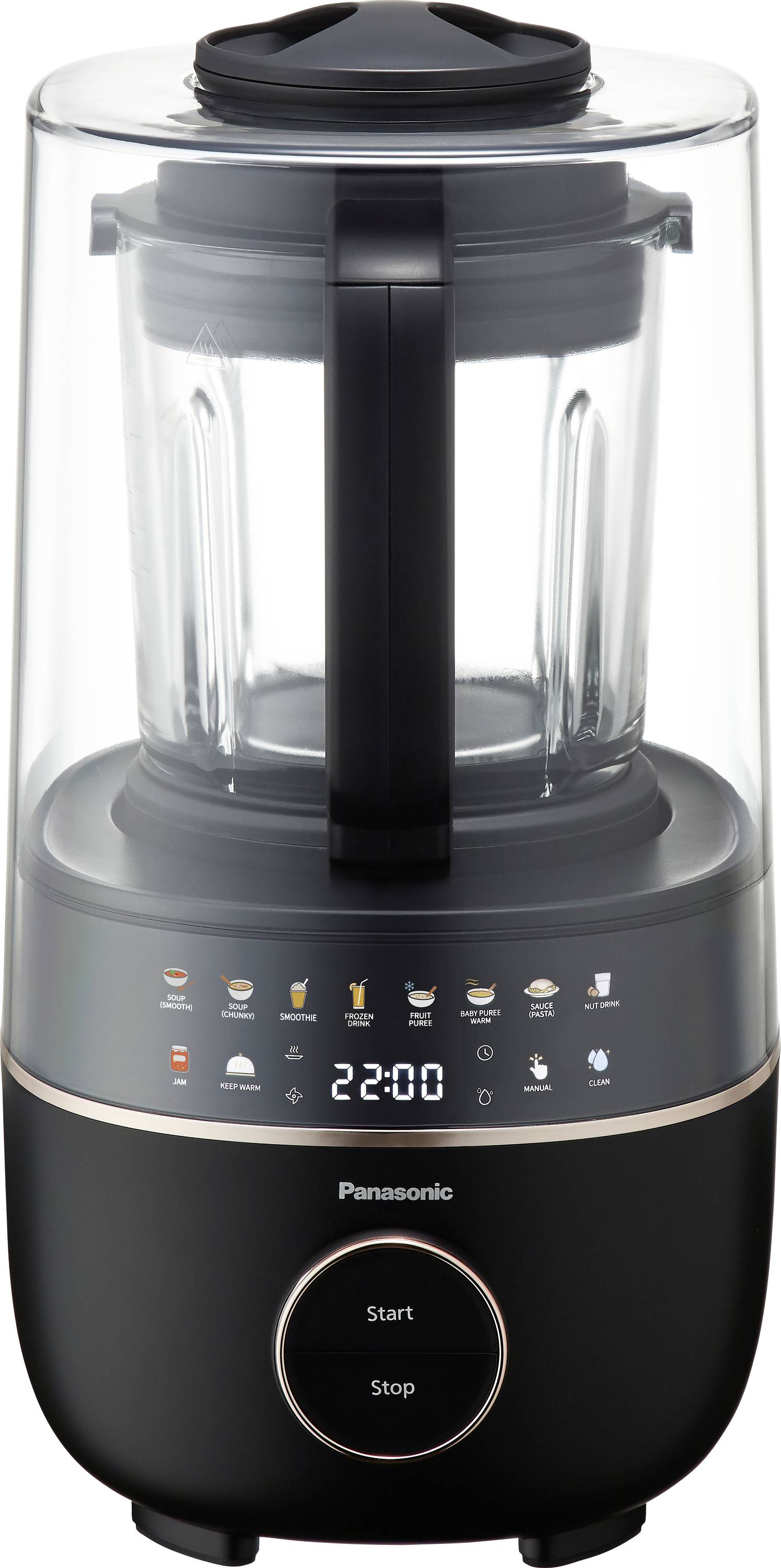 Ein schlanker schwarzer Mixer mit einem durchsichtigen Glasbehälter, einer digitalen Anzeige, die '22:00' zeigt, und Touchsteuerungen für verschiedene Mixing-Modi.