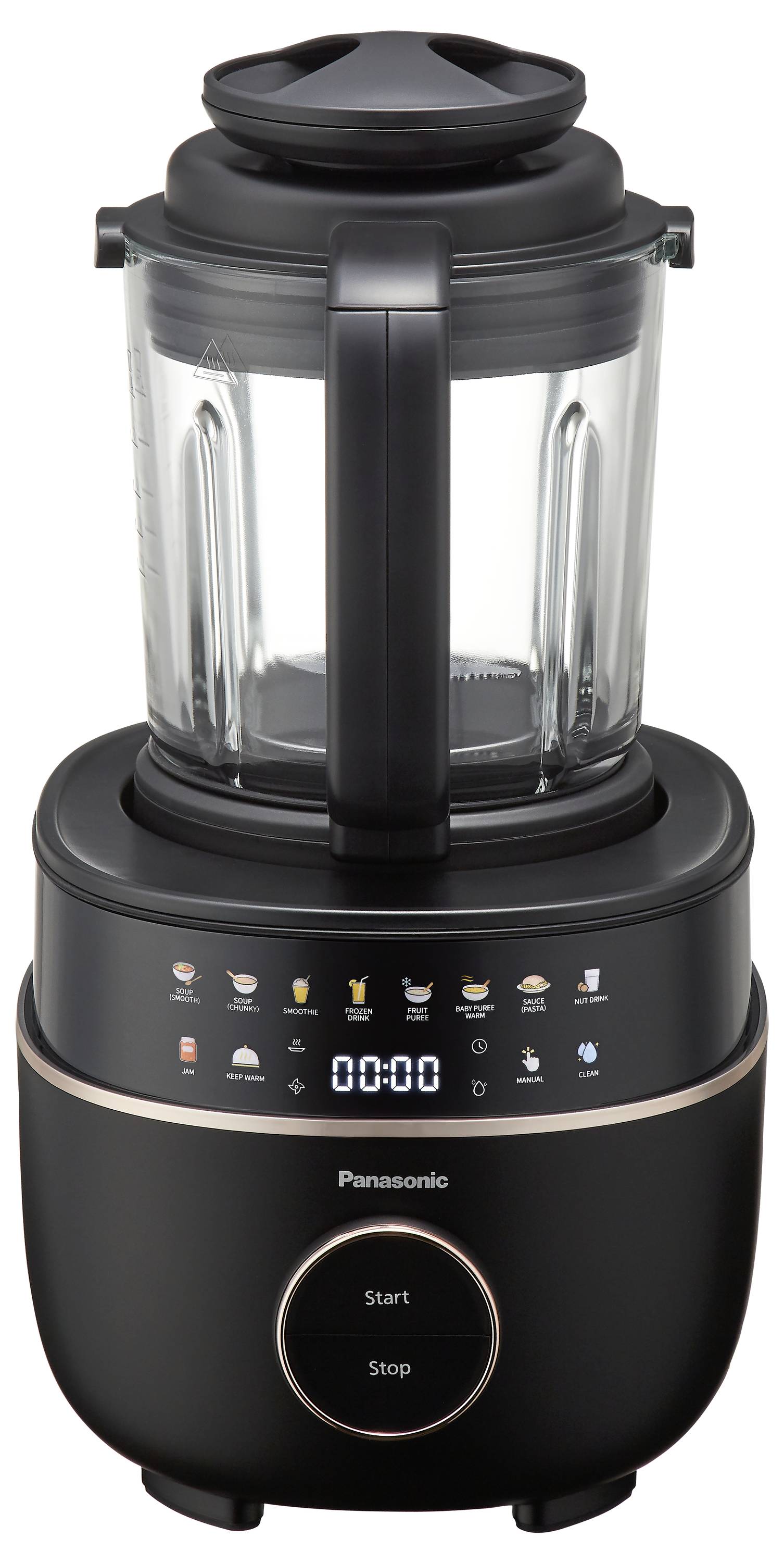 Ein schwarzer Standmixer mit digitaler Anzeige und mehreren Tasten für verschiedene Funktionen, ausgestattet mit einem großen Glaskrug.