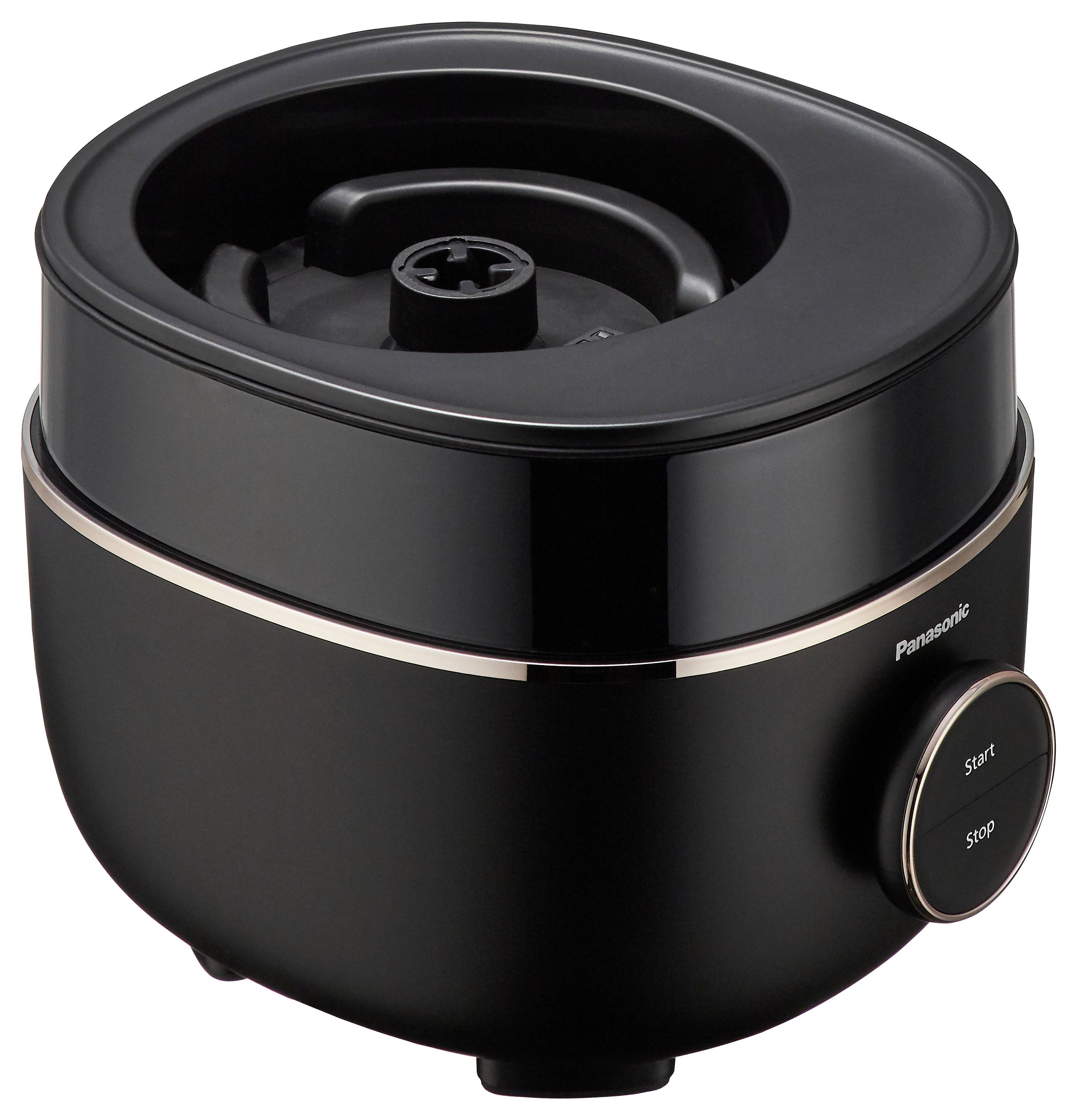 Eine schlanke schwarze Küchenmaschine mit zylindrischer Form und einer 'Start'/'Stopp'-Taste an der Vorderseite, die für Lebensmittelverarbeitungsaufgaben verwendet wird.