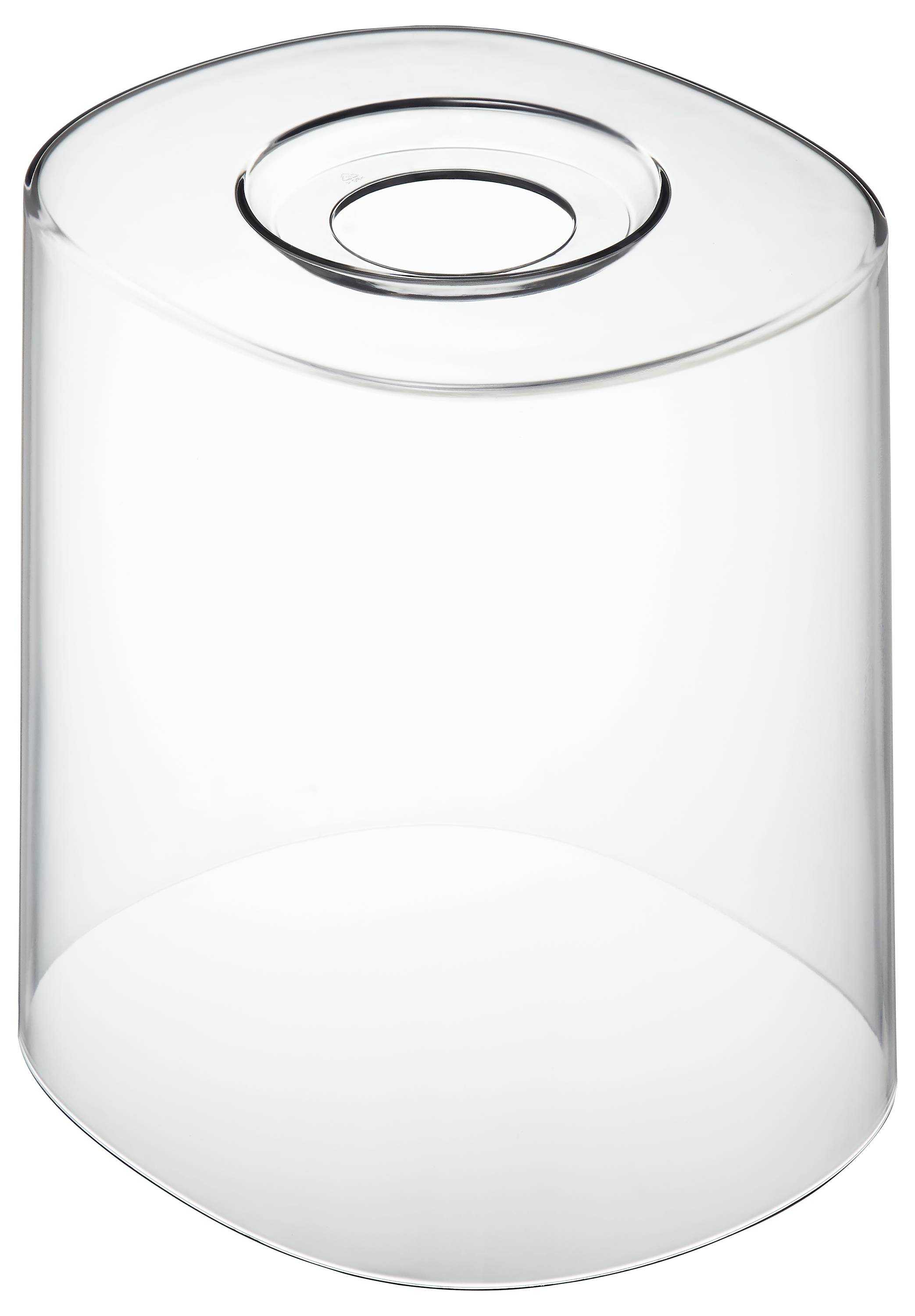 Ein klares, zylindrisches Glasobjekt mit einem hohlen Kern, das an eine moderne minimalistische Vase oder einen Container erinnert.