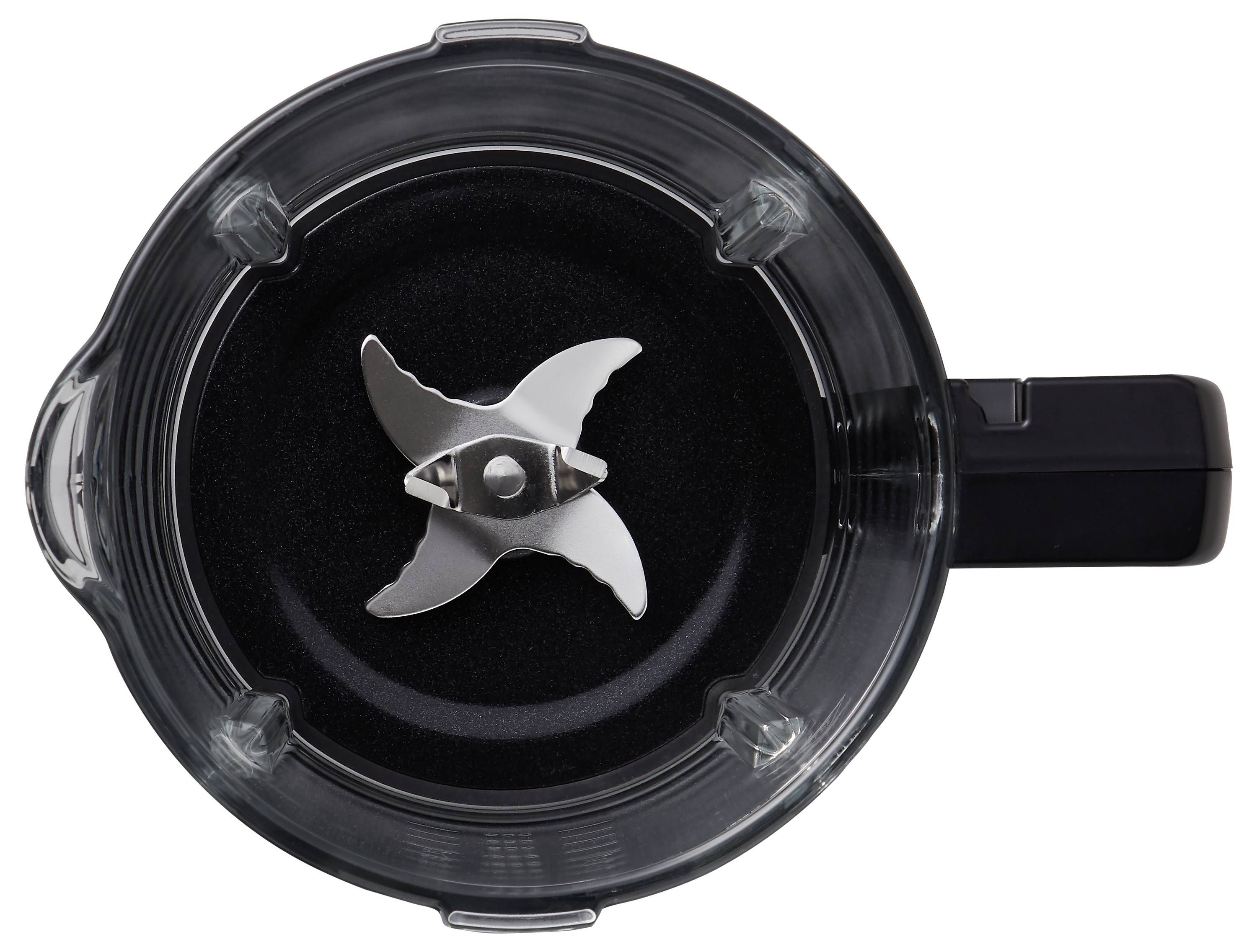 Draufsicht eines Mixbehälters mit einem Metallmesser im Inneren.